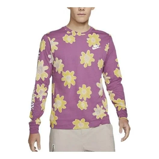 Men's Nike SS22 Flowers Logo Printing Round Neck Long Sleeves Wine Red T-Shirt DM6336-507 - 1