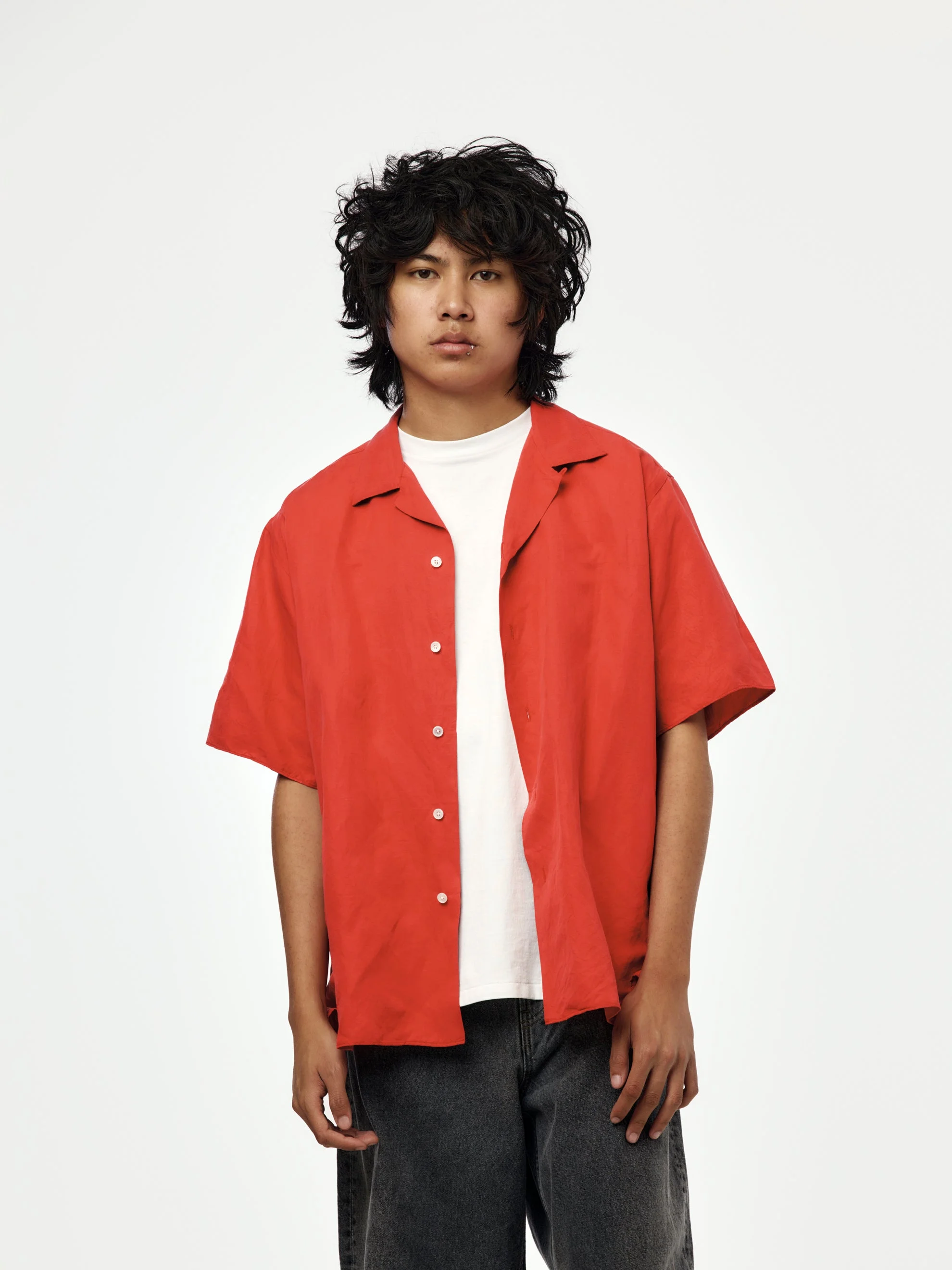 VINTAGE SILK LINEN S/S OPEN COLLAR SHIRT (RED) (SIS) - 1