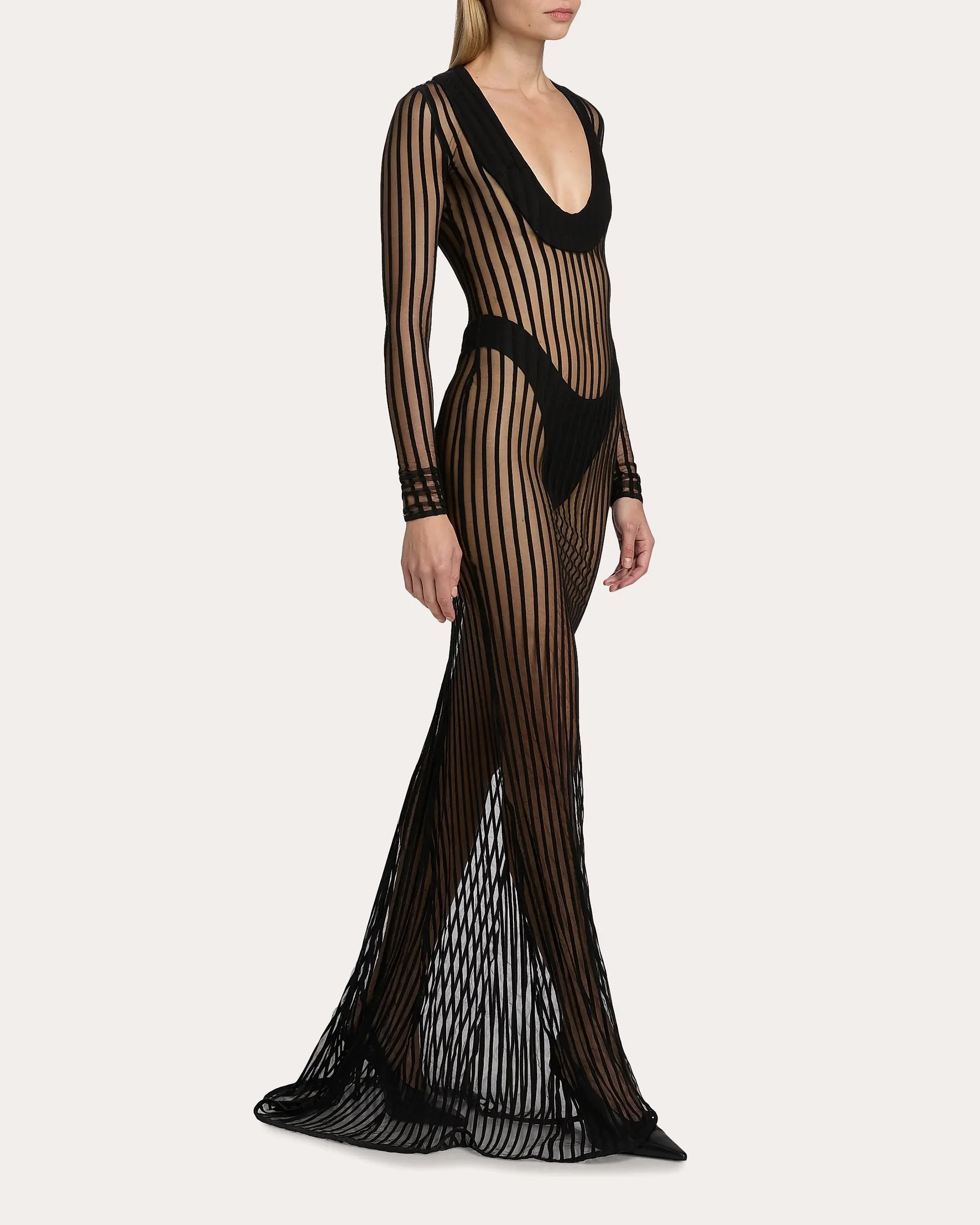Sheer Stripe Scoop Neck Gown - 1