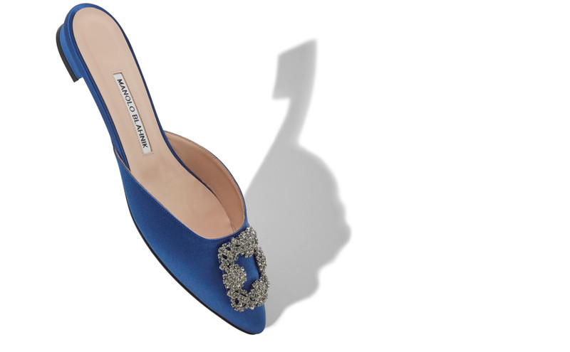 Manolo Blahnik Blue Satin Jewel Buckle Flat Mules outlook