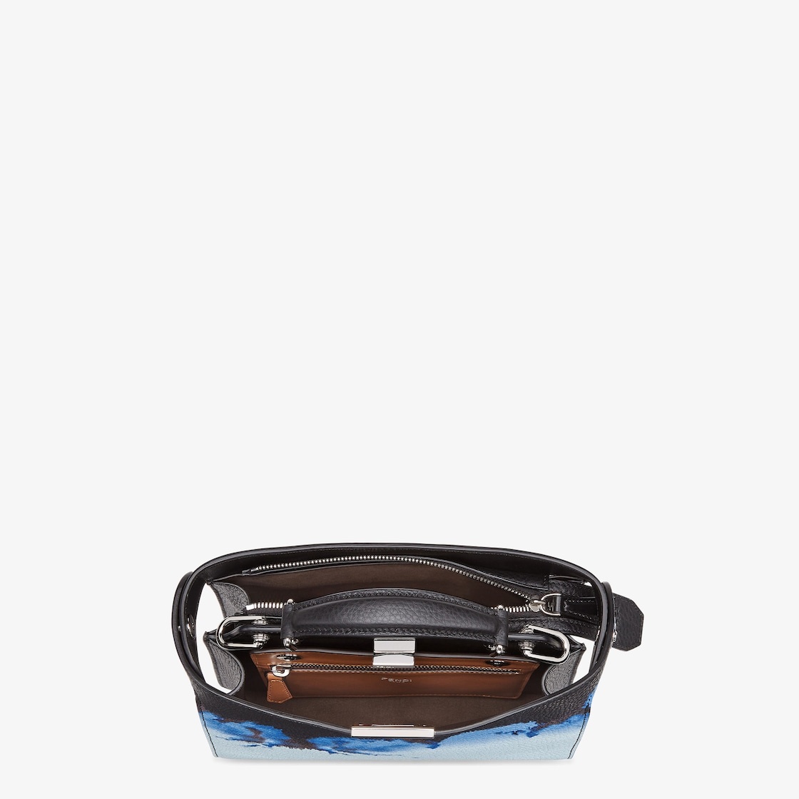 Small Peekaboo ISeeU bag made of black Cuoio Romano leather, printed with Cloud graphics in blue and - 5