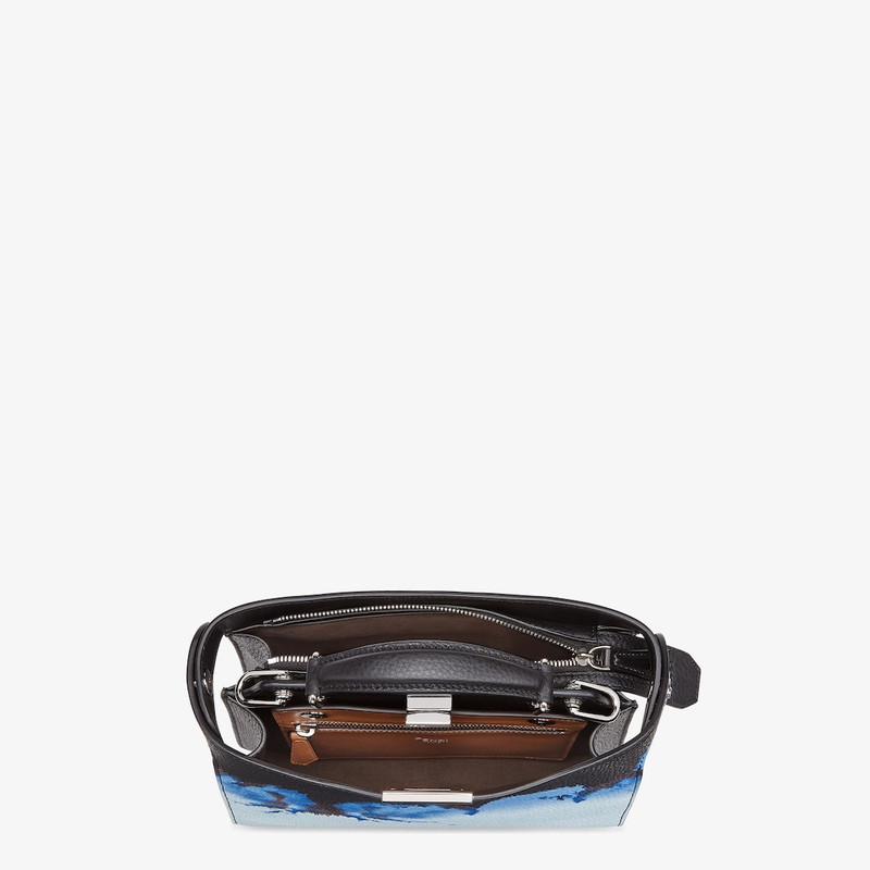 Small Peekaboo ISeeU bag made of black Cuoio Romano leather, printed with Cloud graphics in blue and 5