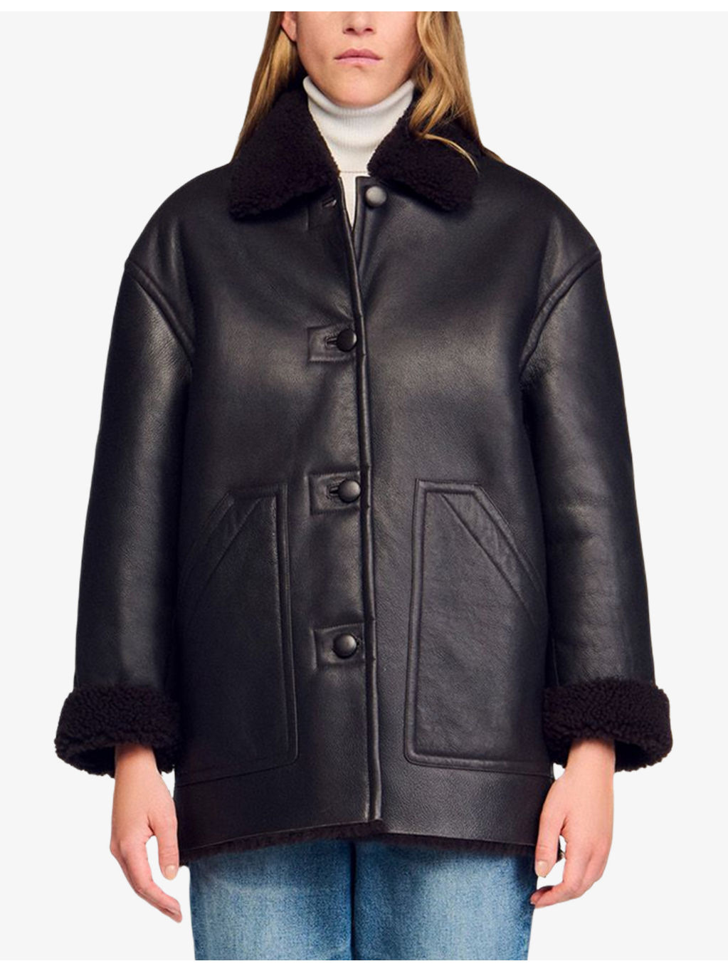 Patch-Pocket Boxy-Fit Shearling Coat - 3