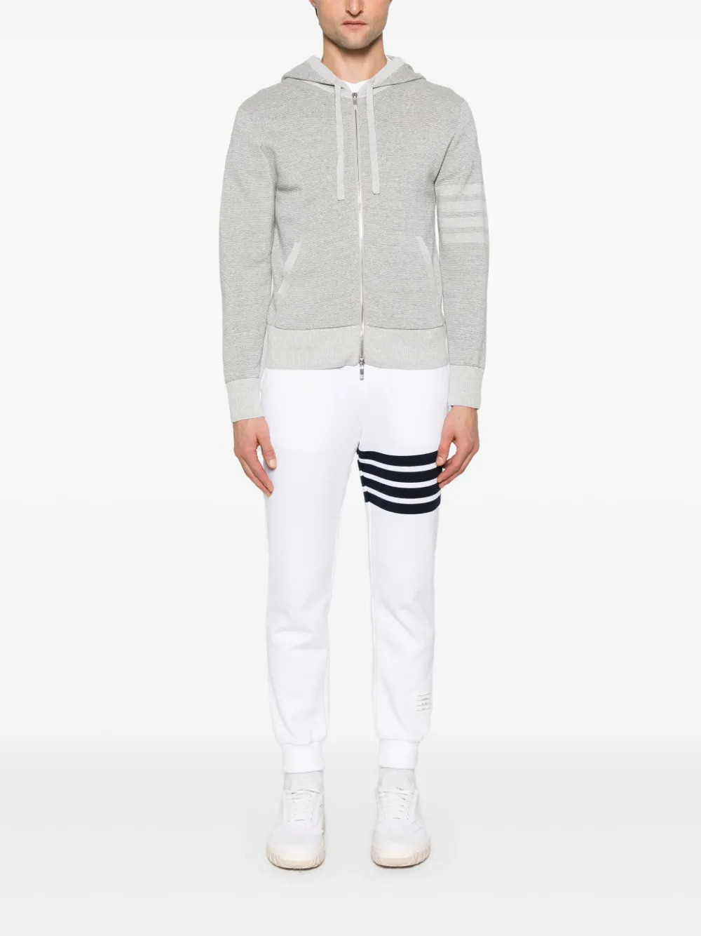 THOM BROWNE - Men Textured Striped Stitch Relaxed Fit Zip Up Hoodie - 1