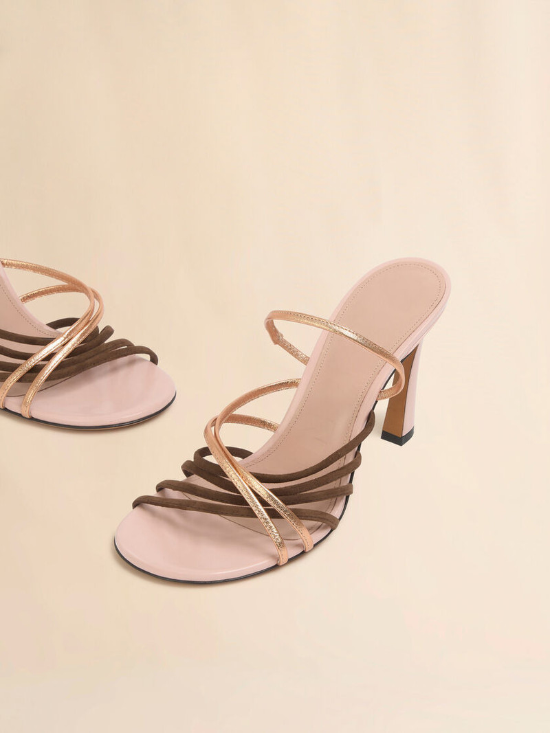 PINK BROWN AND ROSE GOLD SUEDE AND METALLIC LEATHER NEW WAVE SANDAL 5