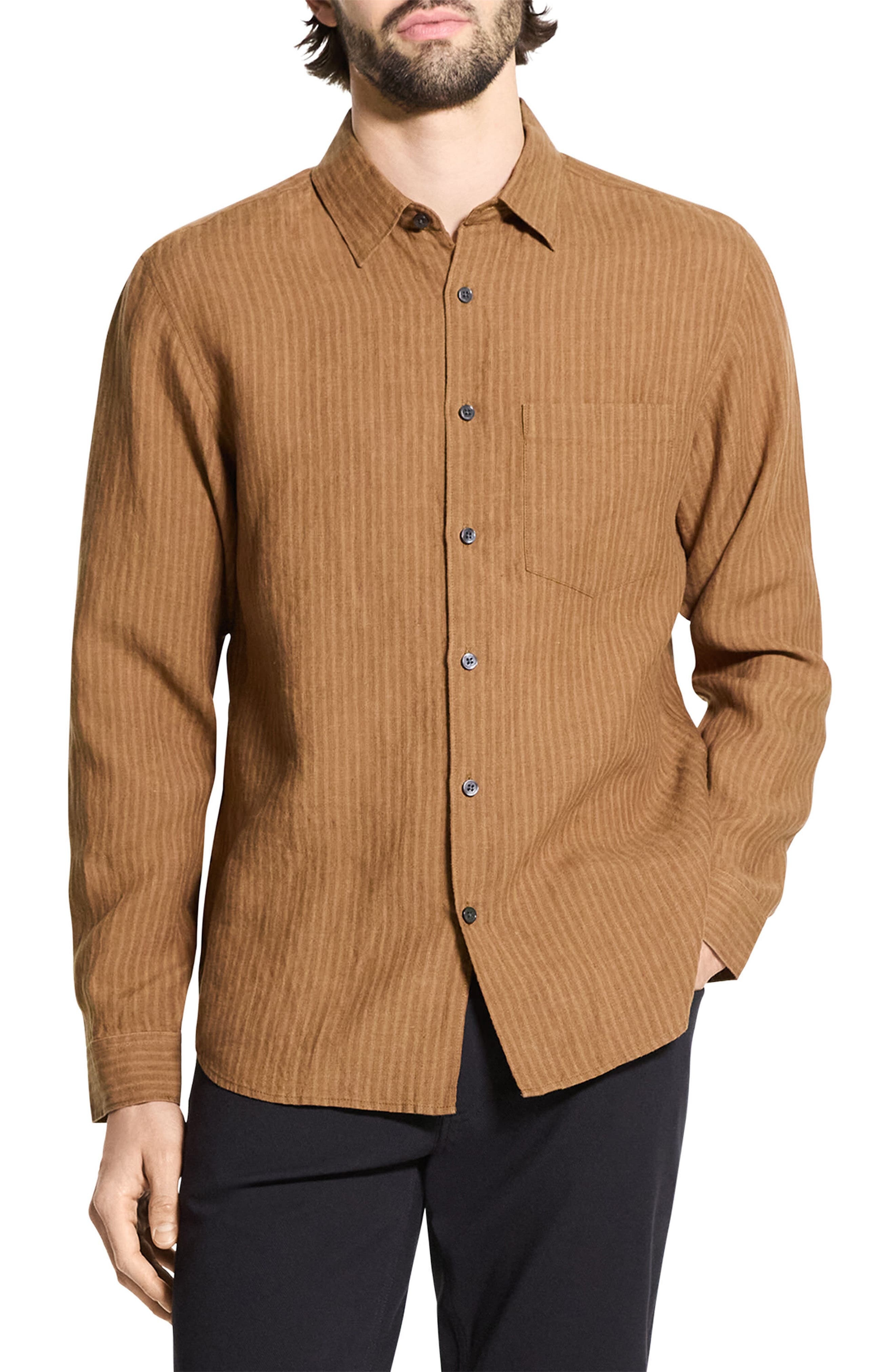 Theory Irving Slub Linen Button-Up Shirt in Deep Tobacco at Nordstrom - 1