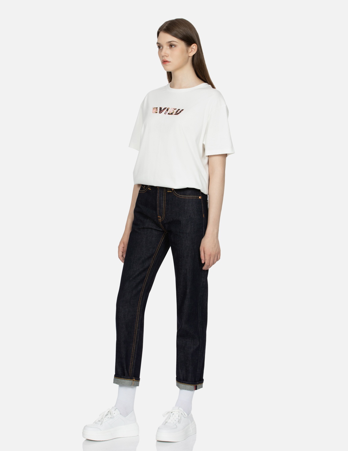 GOLDFISH AND FLORAL FLOW EMBROIDERY STRAIGHT FIT DENIM JEANS - 4
