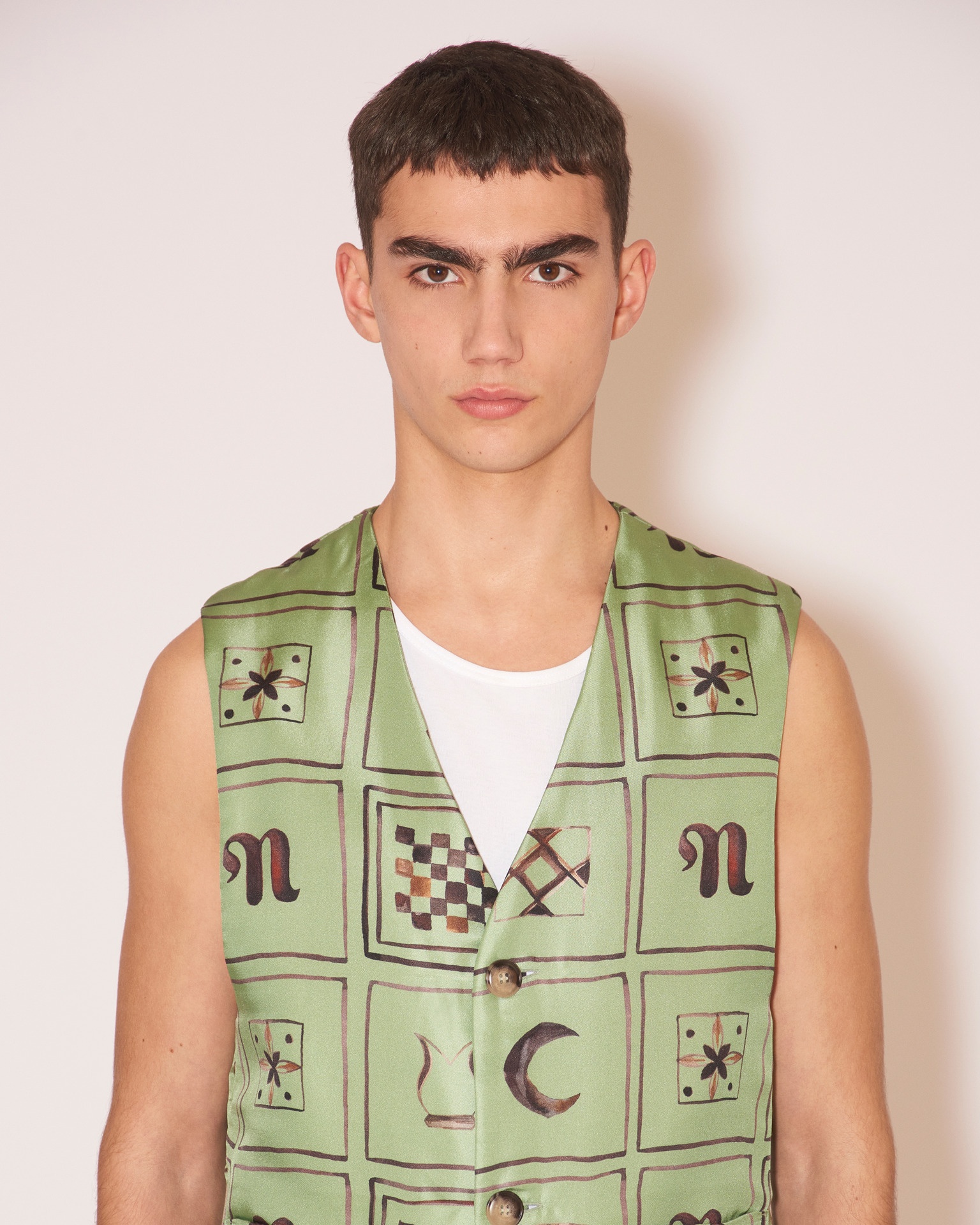 BRENN - Twill silk waistcoat - Green Totem - 6