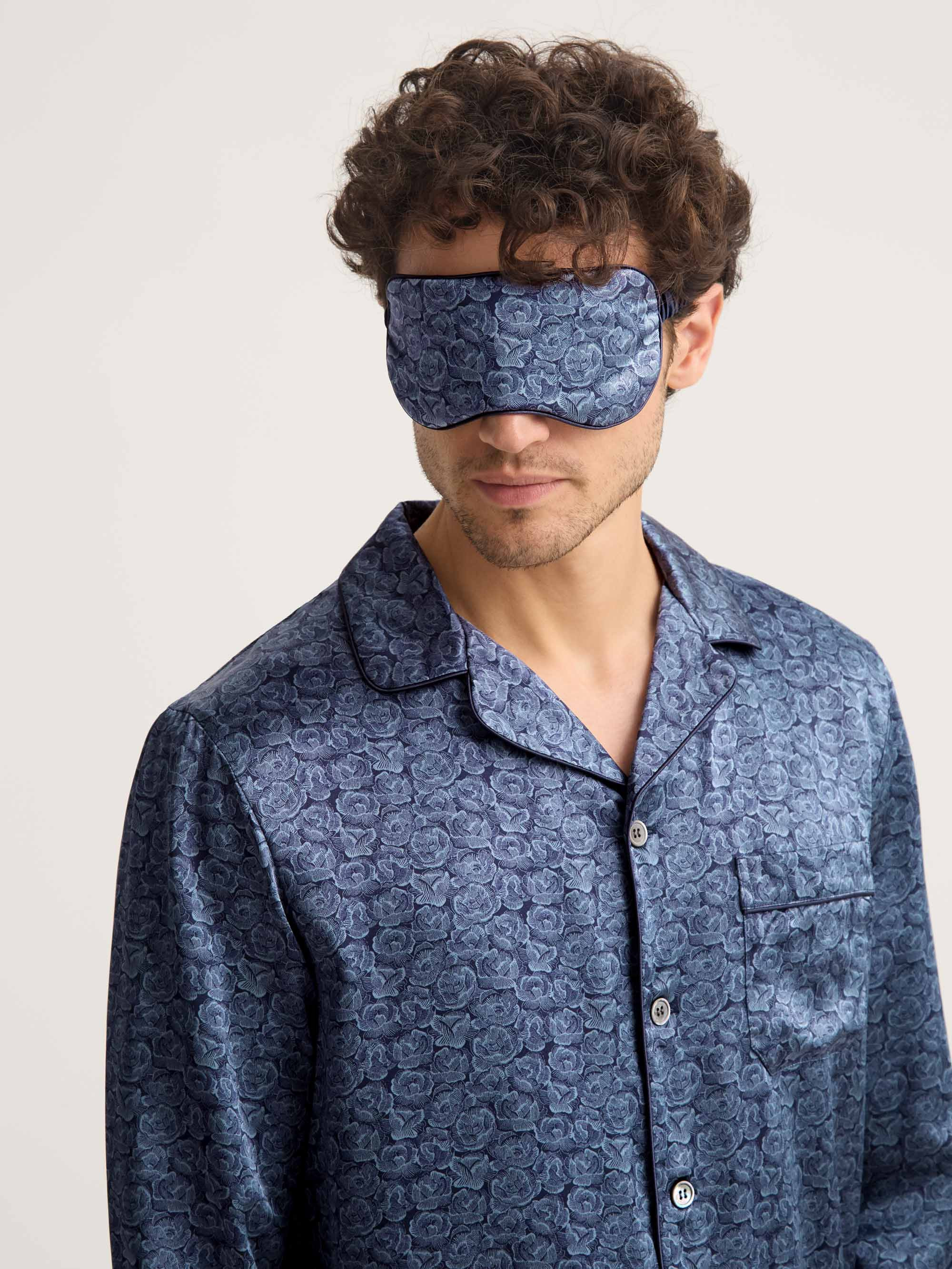 Silk Eye Mask Navy Blue Rose Print - 5