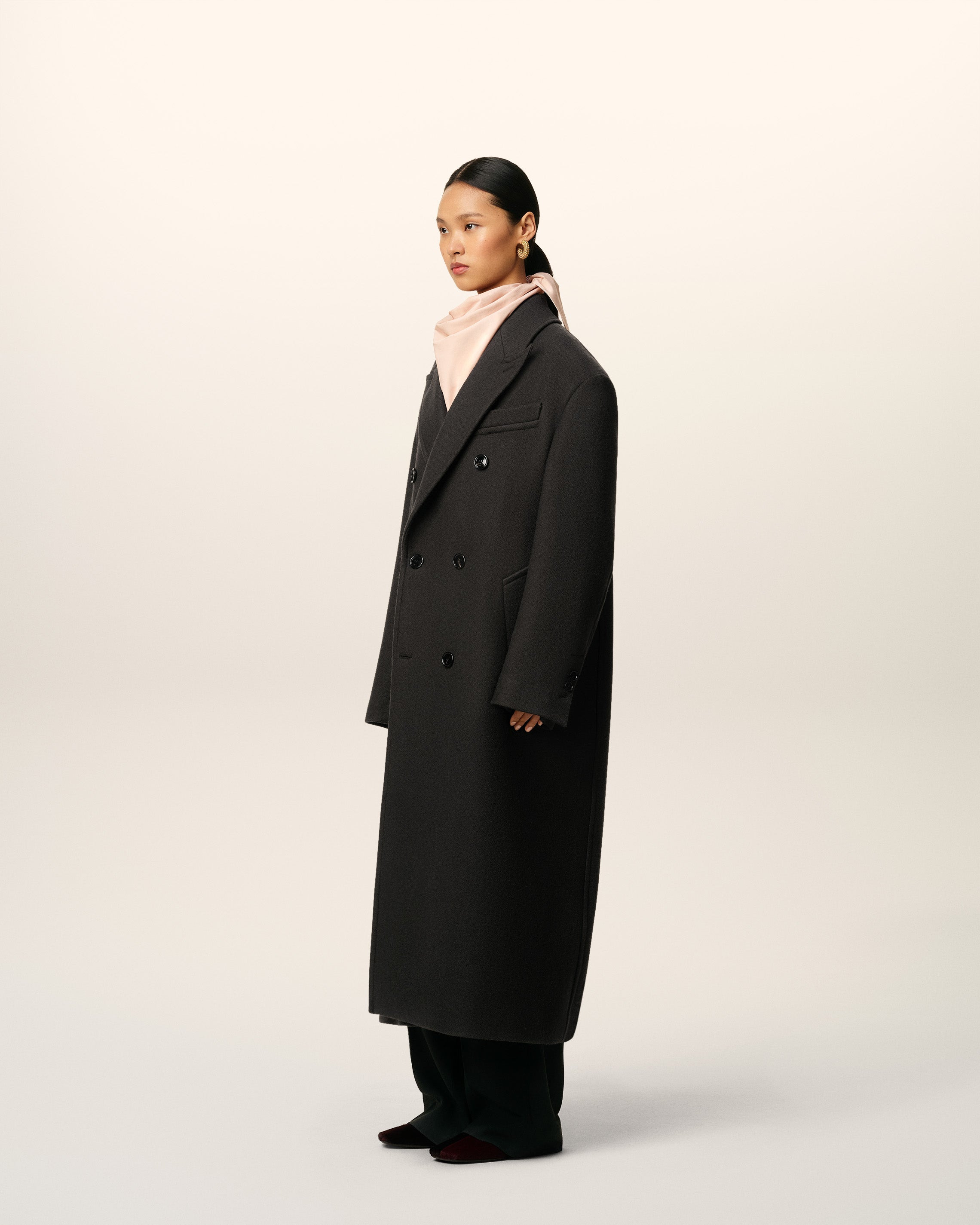 BLACK WOOL DOUBLE BREASTED LONG COAT - 6