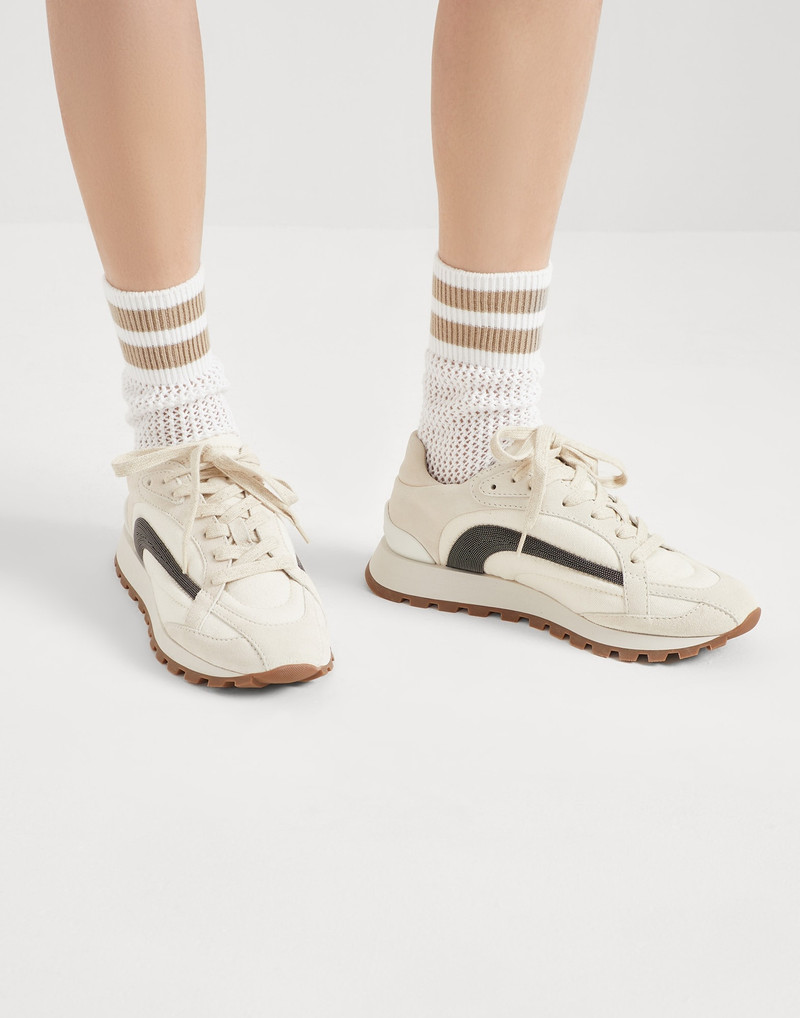 Suede and bonded cotton twill runners with precious stripe 4