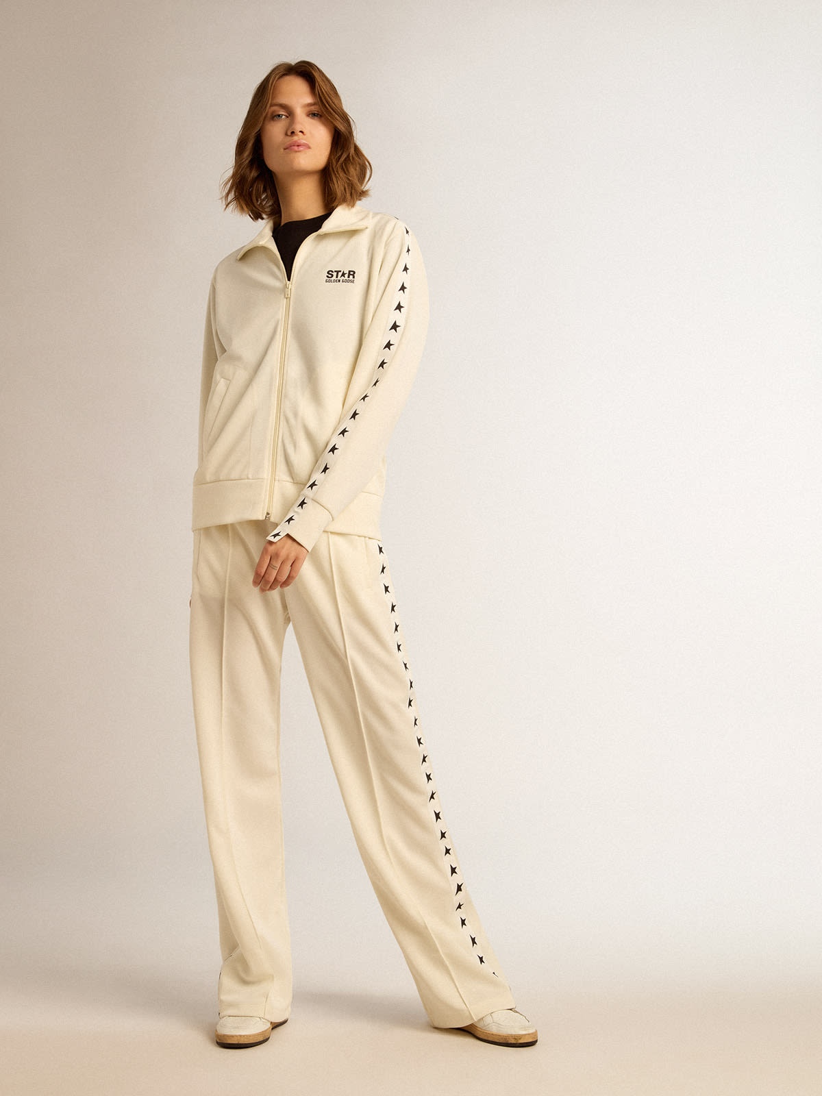 Women’s white zipped sweatshirt with white strip and black stars - 3