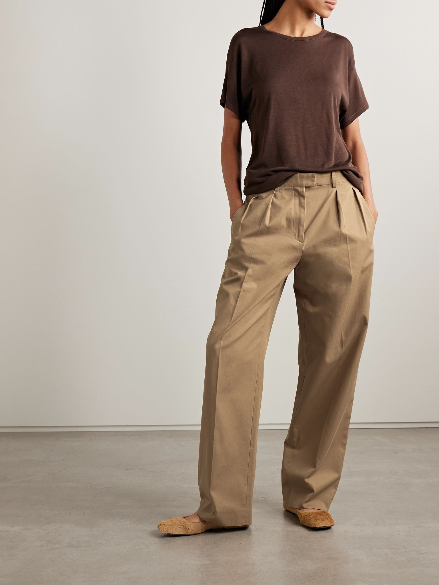 Alfidis pleated brushed cotton and cashmere-blend twill wide-leg pants Beige - 2