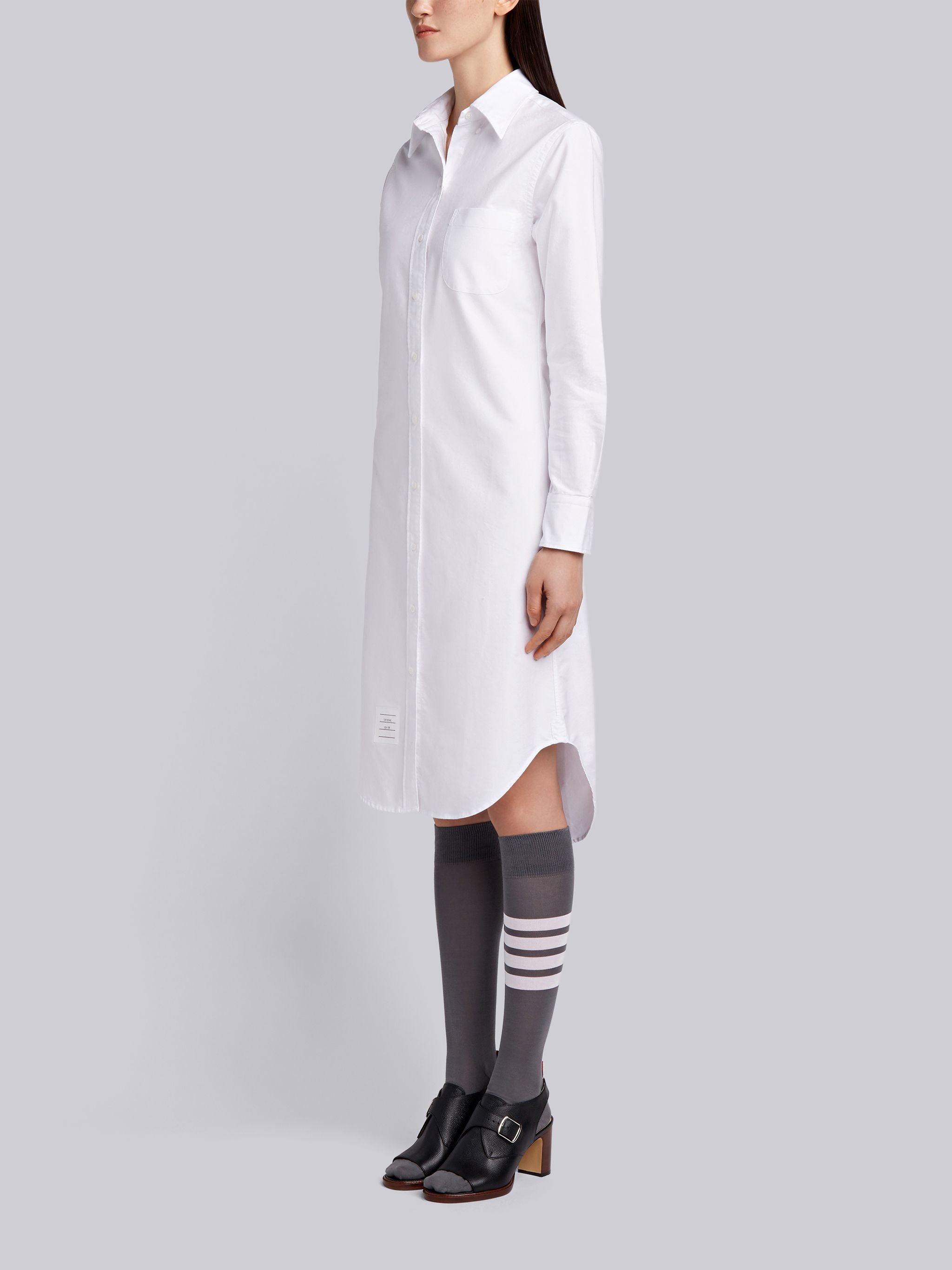 White Classic Oxford Long-sleeve Button Down Knee Length Shirtdress - 2