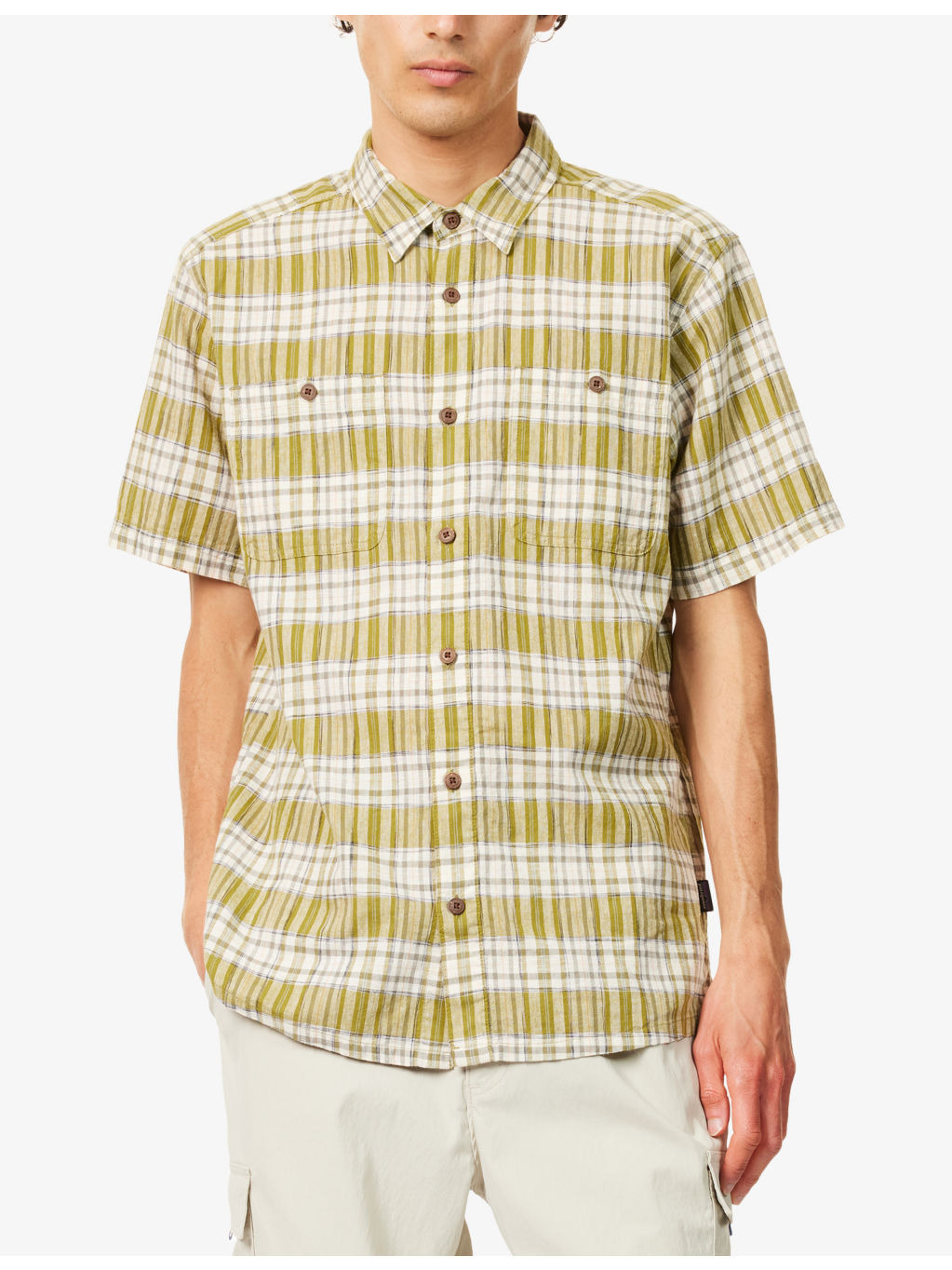 Back Step Cheque Short-Sleeve Cotton-Blend Shirt - 3