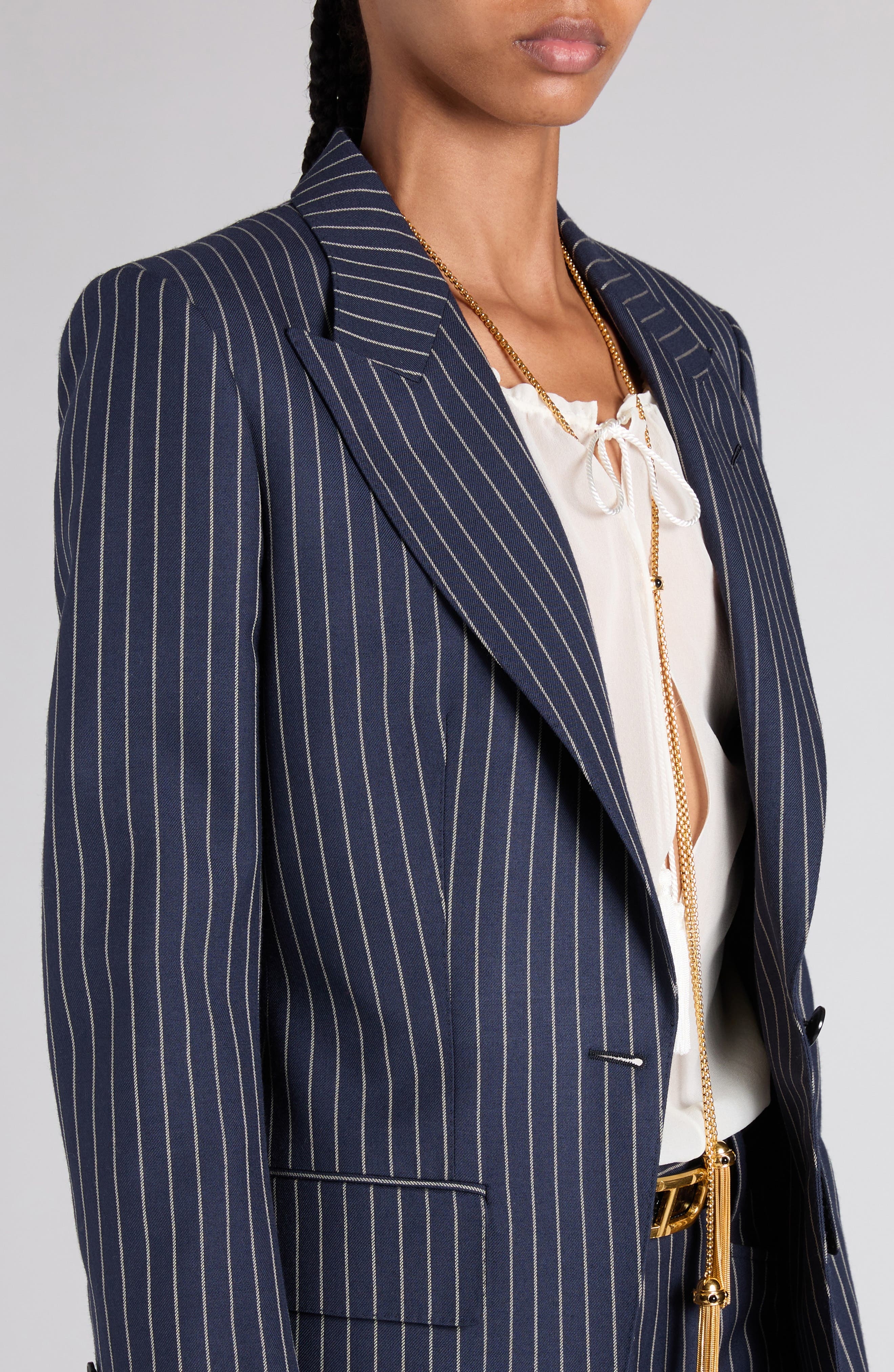 TOM FORD Pinstripe One-Button Wool Blazer in Zhbby Combo Navy Stone at Nordstrom - 5