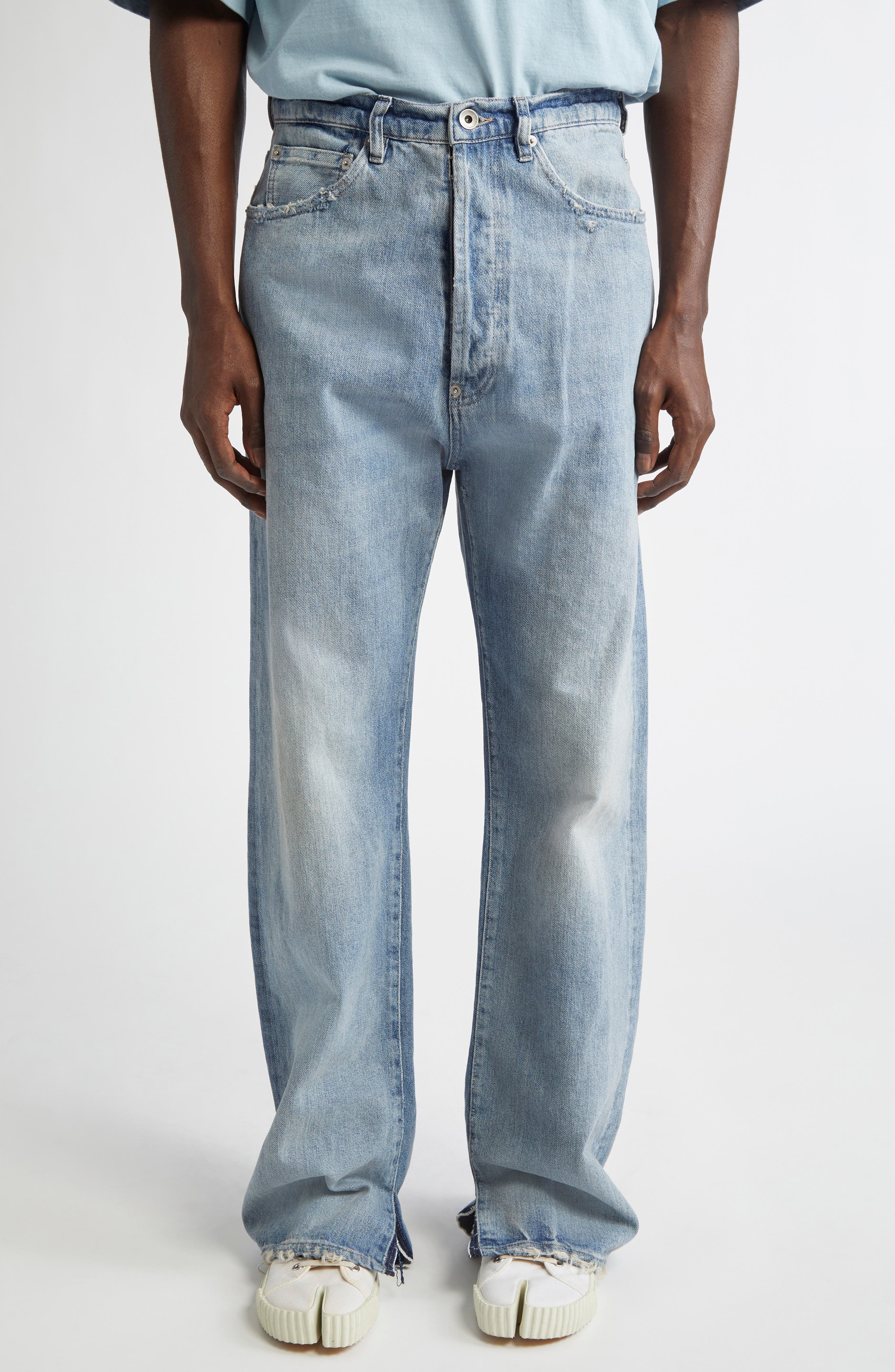 Maison Margiela Distressed Split Hem Five-Pocket Jeans in Light Blue at Nordstrom - 1