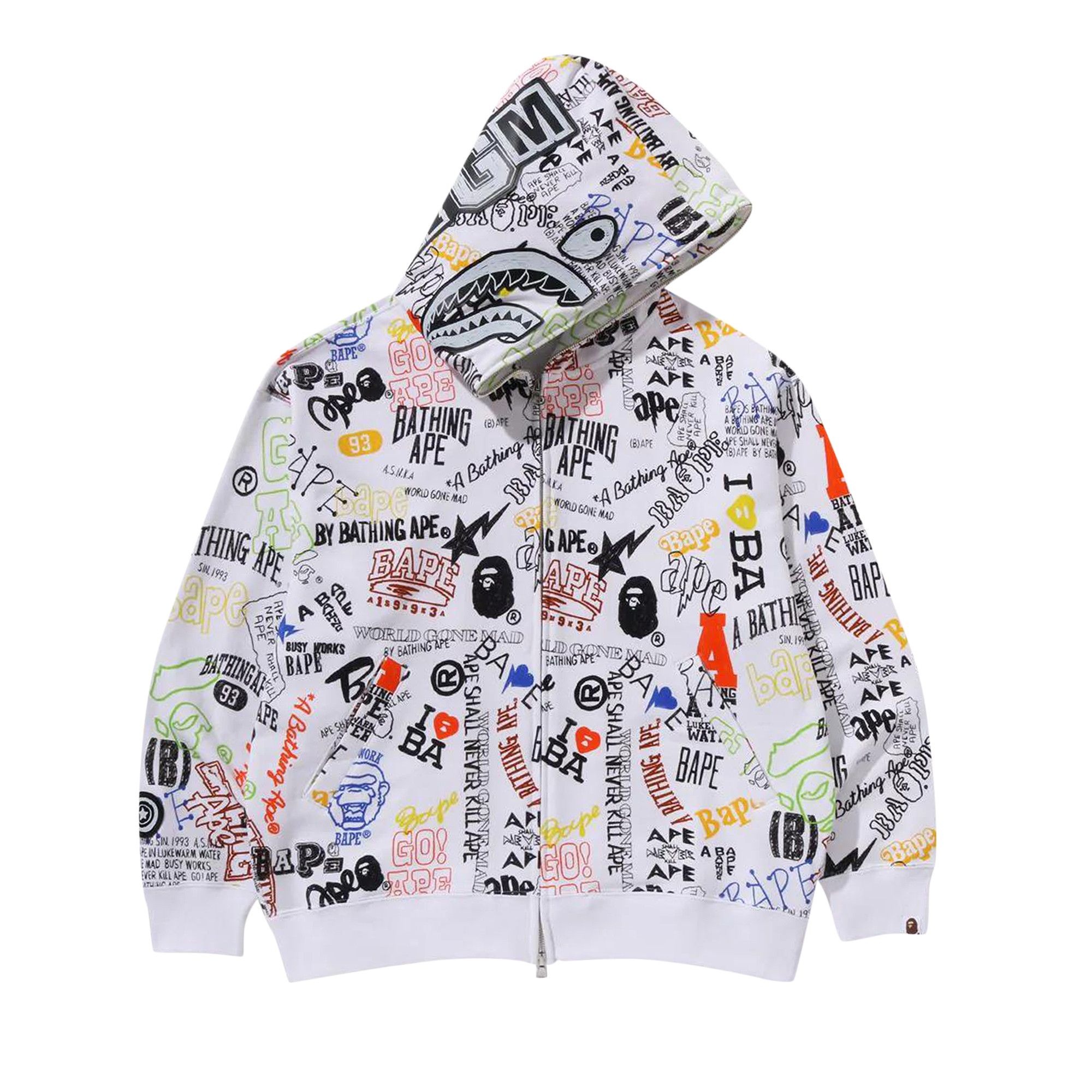 A BATHING APE BAPE Hand Draw Pattern Shark Zip Hoodie White REVERSIBLE