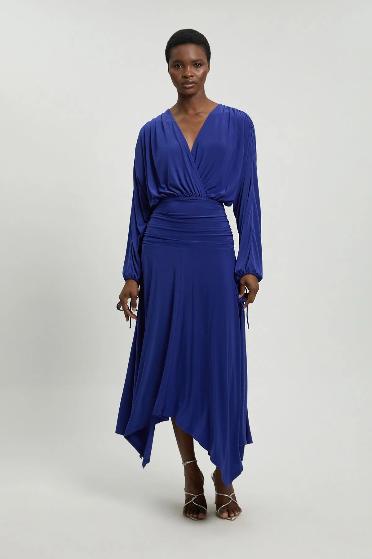 Stretch Drapey Crepe Ruched Plunge Neck Batwing Sleeve Maxi Dress - 1