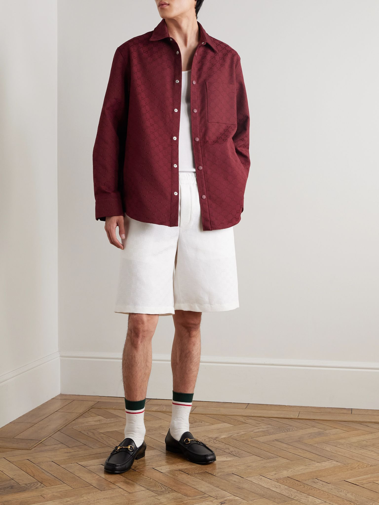 Monogrammed Cotton-Blend Jacquard Shirt Burgundy - 2