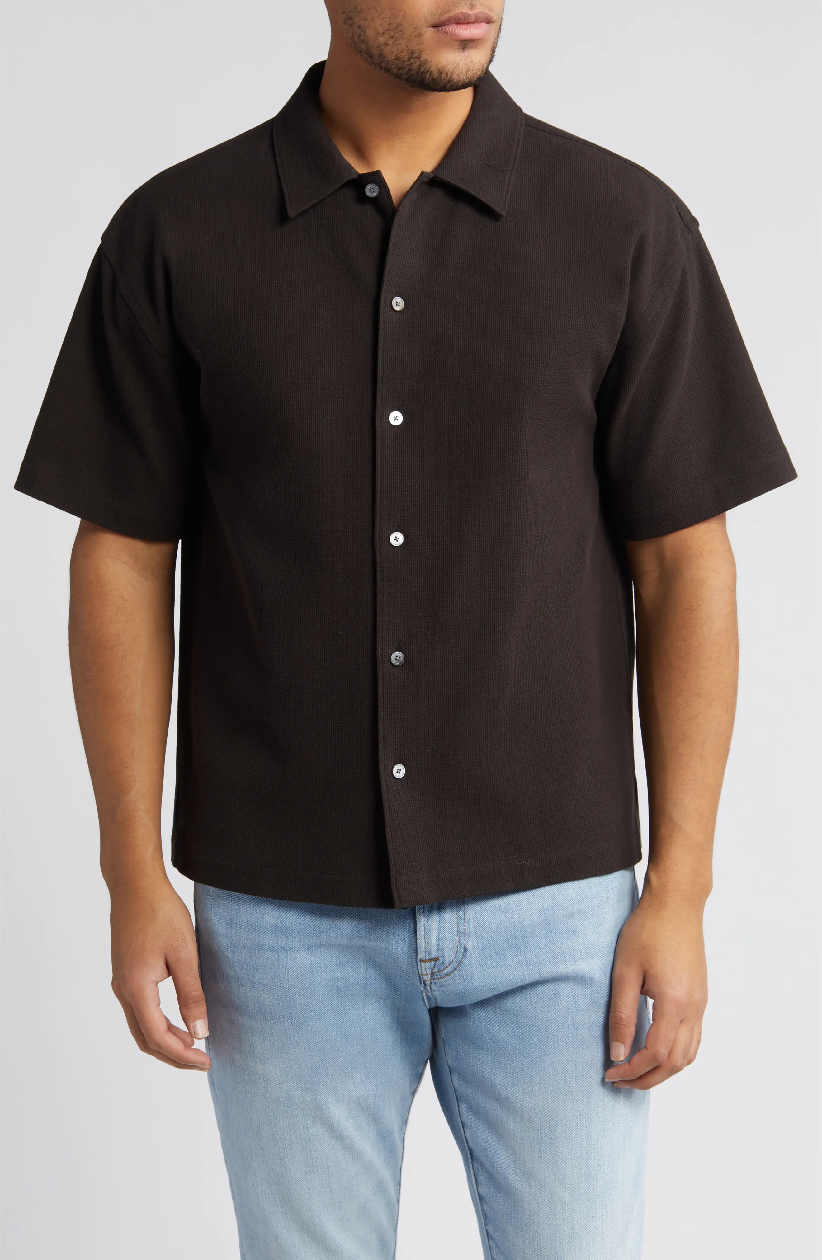 Textured Short Sleeve Button-Up Shirt - 1
