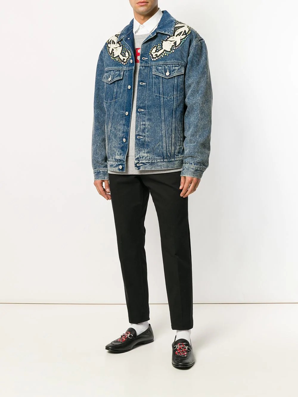 Gucci Logo print denim jacket with floral appliqués - 2