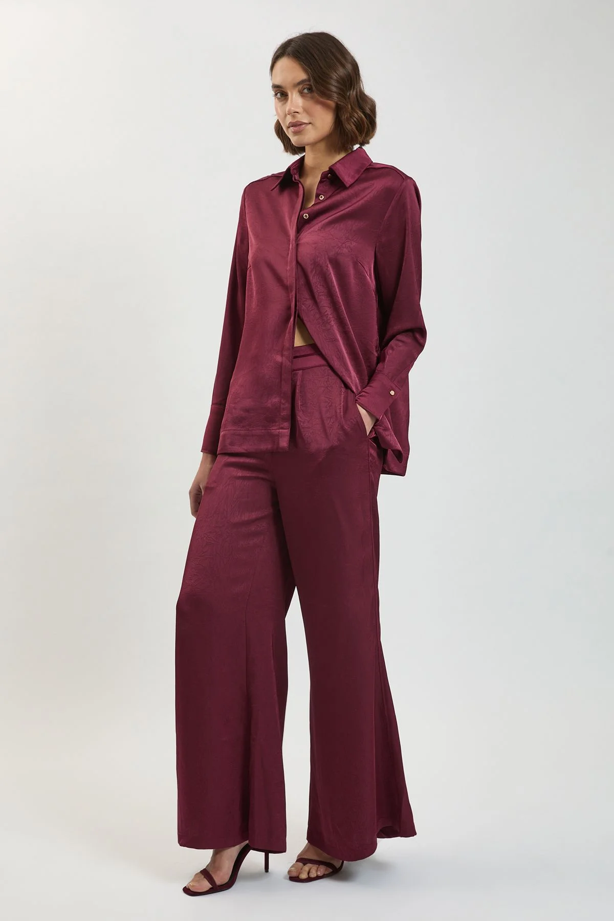 Petite Hammered Satin Wide Leg Woven Trouser - 1