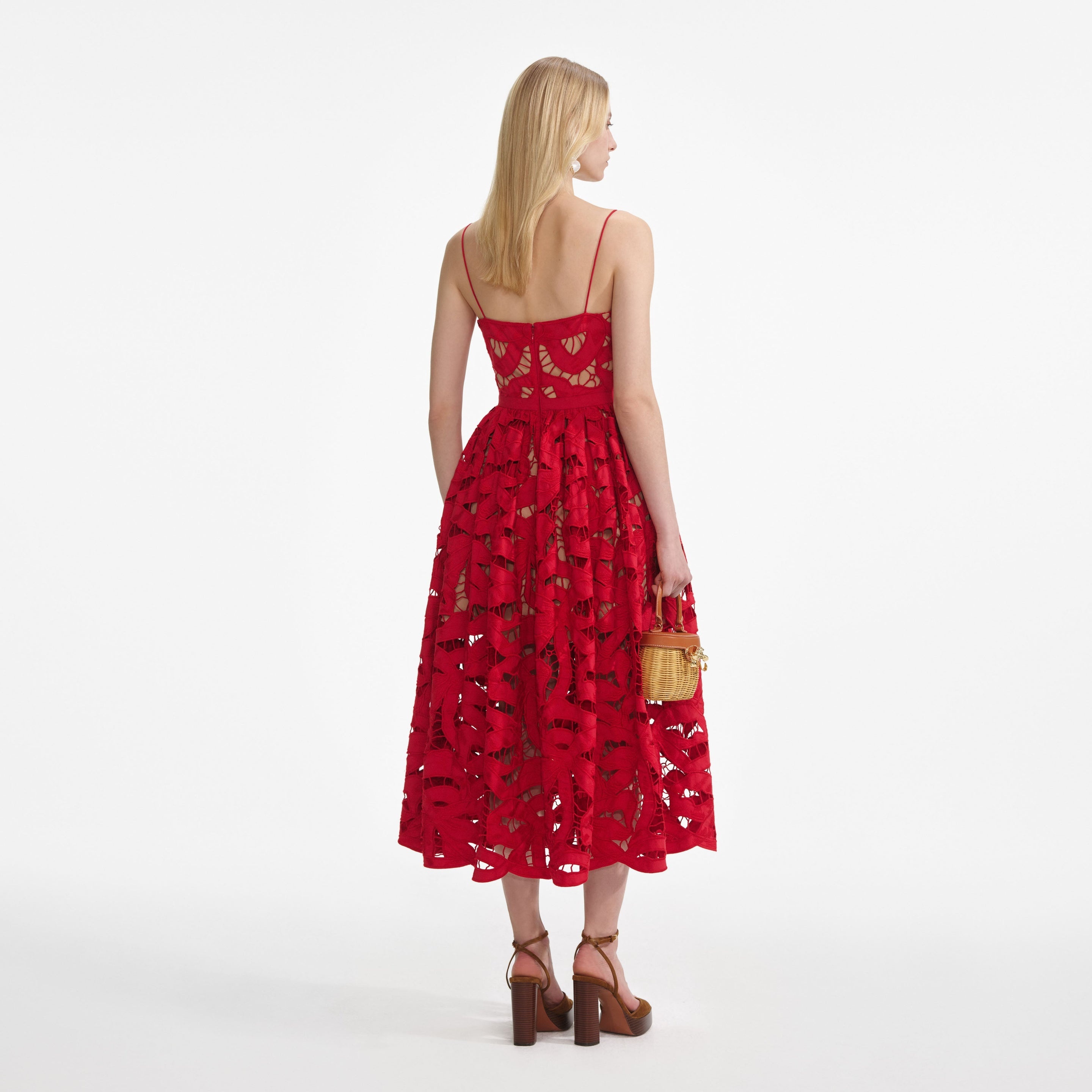 Red Bow Embroidered Midi Dress - 3