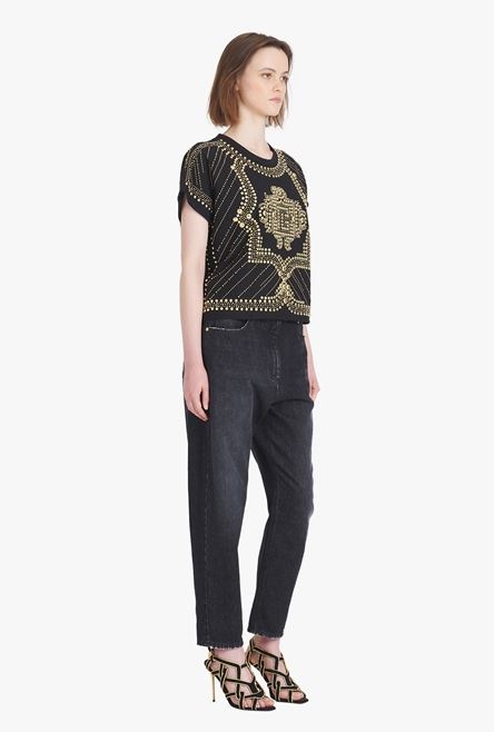 Cropped black eco-designed cotton T-shirt with embroidered gold-tone studs - 7