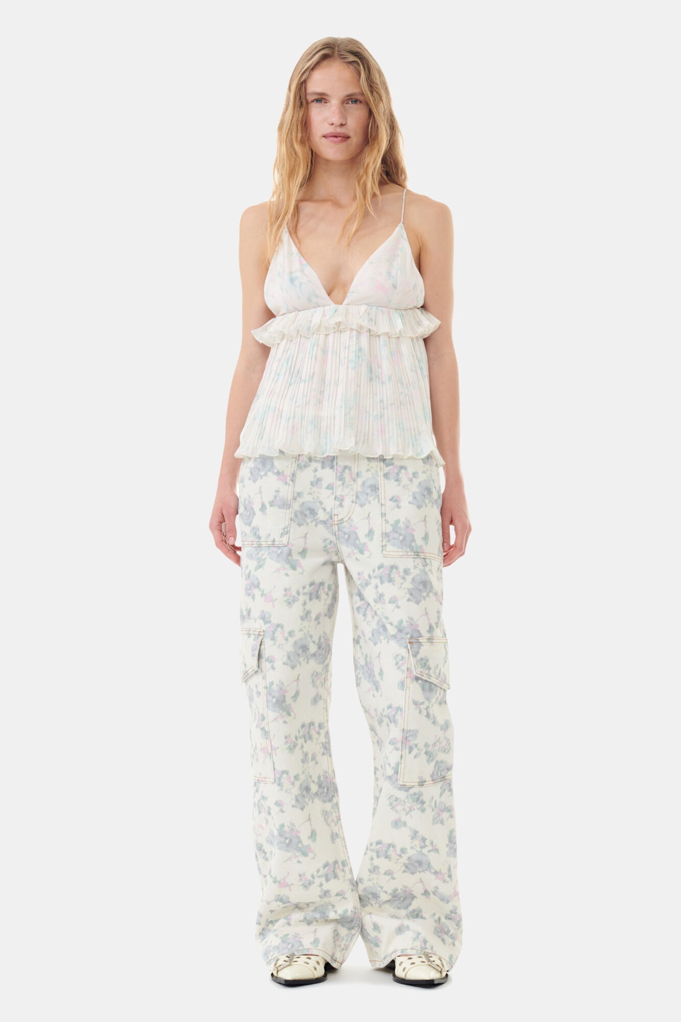 FLORAL PRINTED PLEATED GEORGETTE STRAP TOP - 3