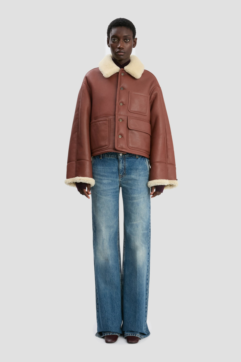 Victoria Beckham Cropped Shearling Jacket In Brown-Cream outlook