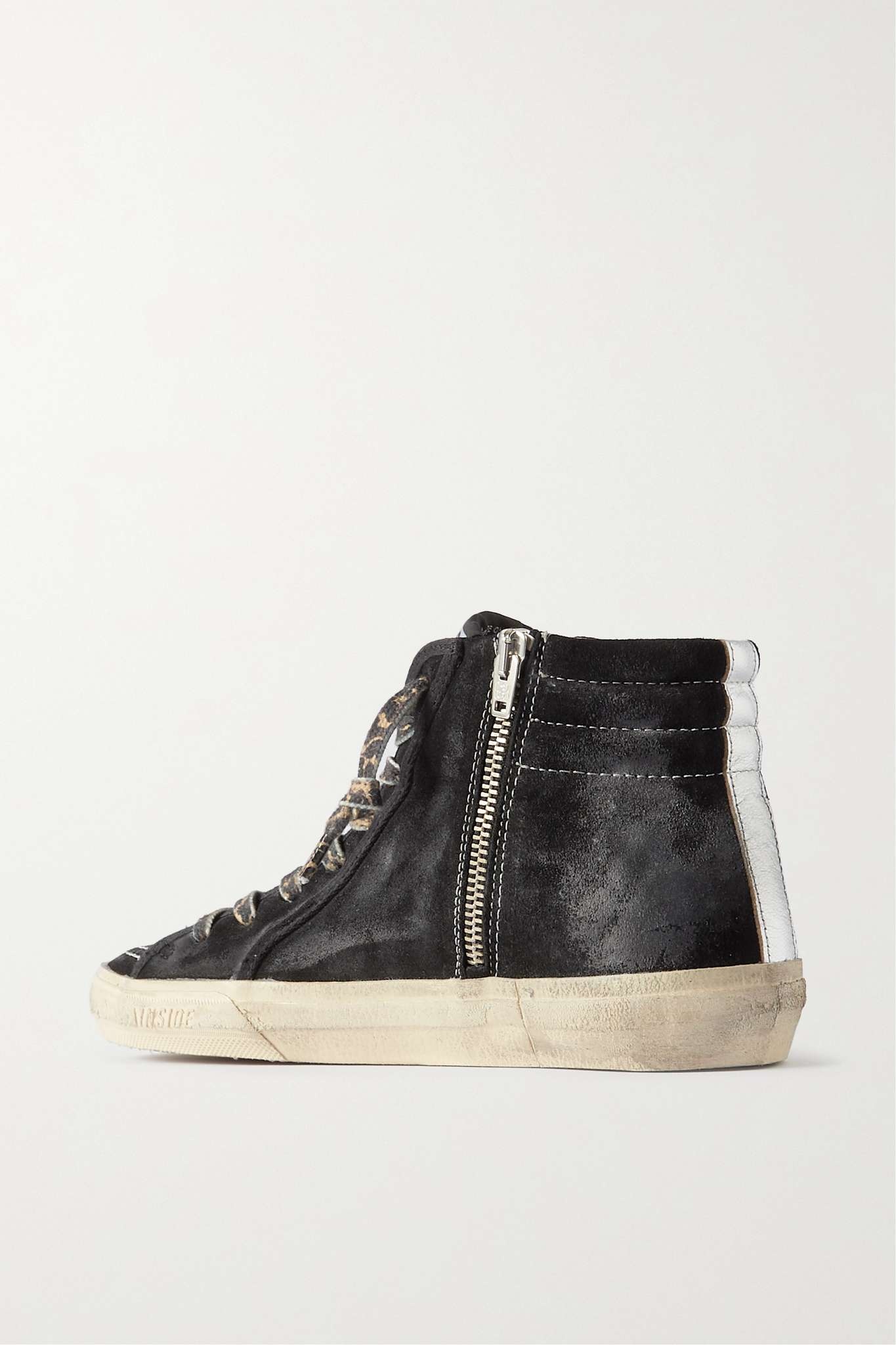 Slide distressed leather-trimmed suede high top sneakers - 3