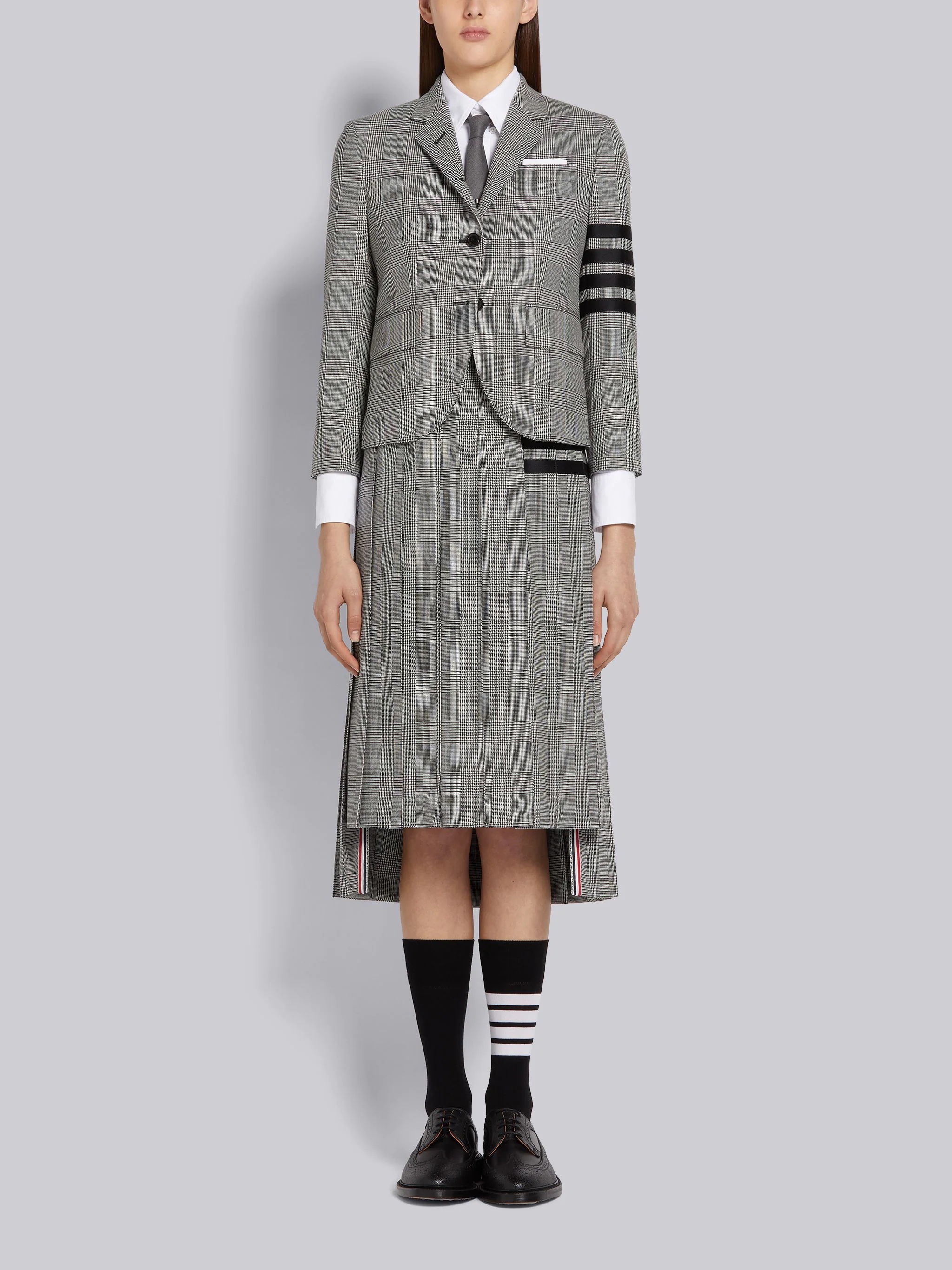 Black and White Heavy Wool Engineered 4-bar Dropped Back Pleated Below-the-knee Skirt - 4