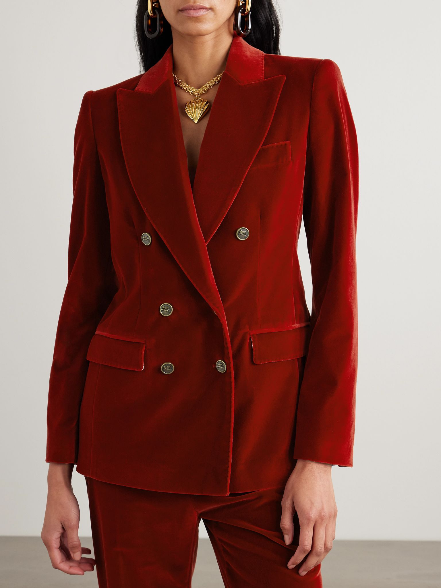 Double-breasted cotton-blend velvet blazer Burgundy - 3