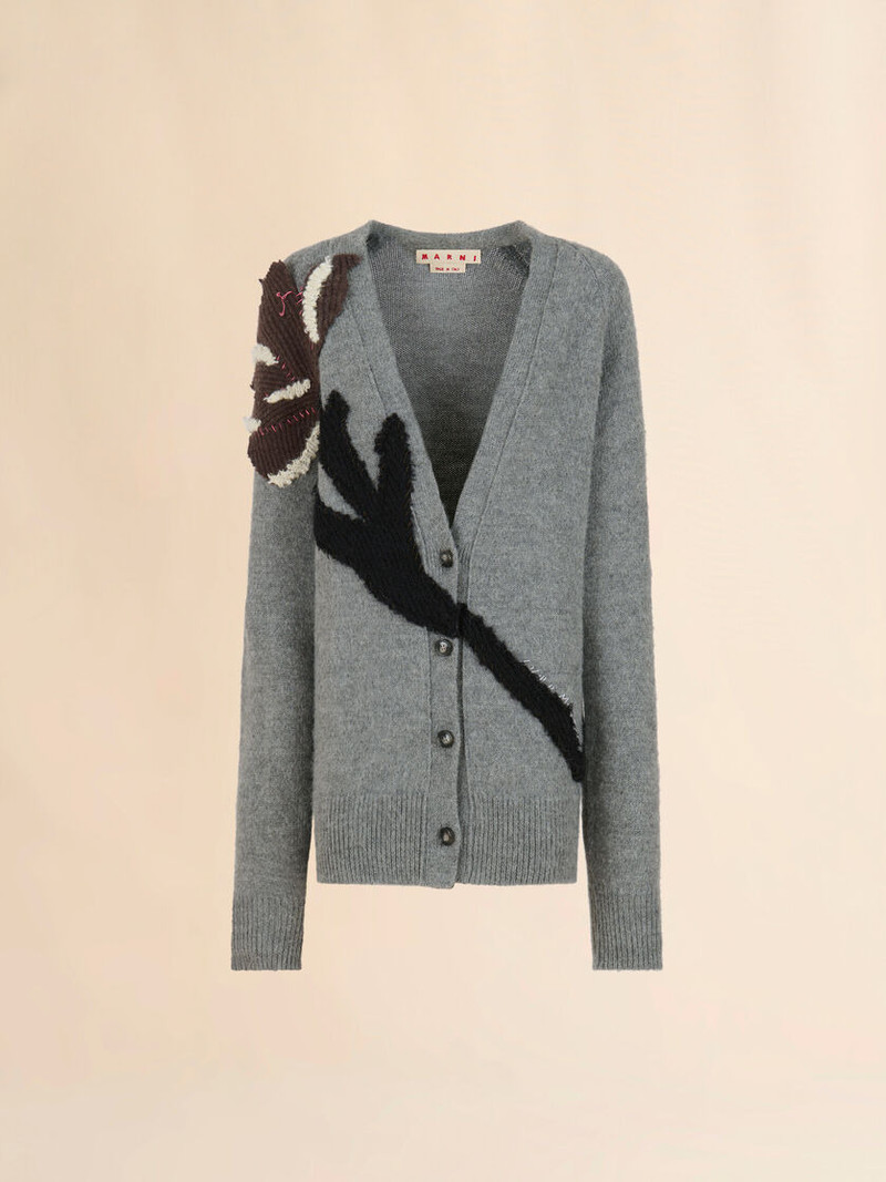 GRAY ALPACA WOOL CARDIGAN WITH FLOWER PATCH 1