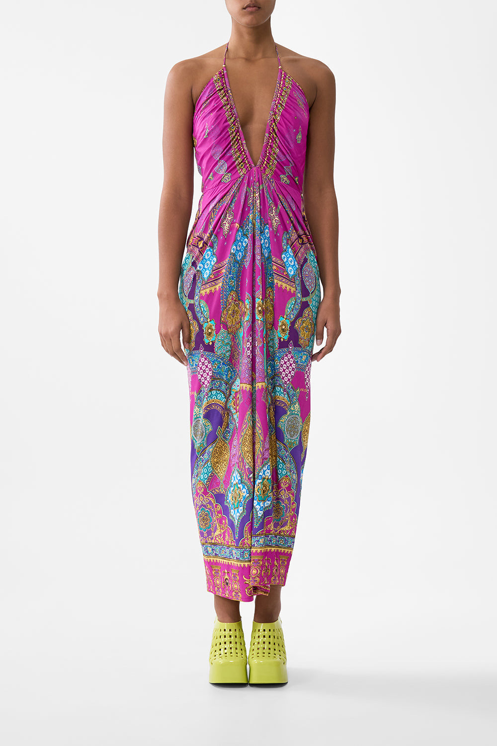 V NECK GATHERED JERSEY DRESS - 2