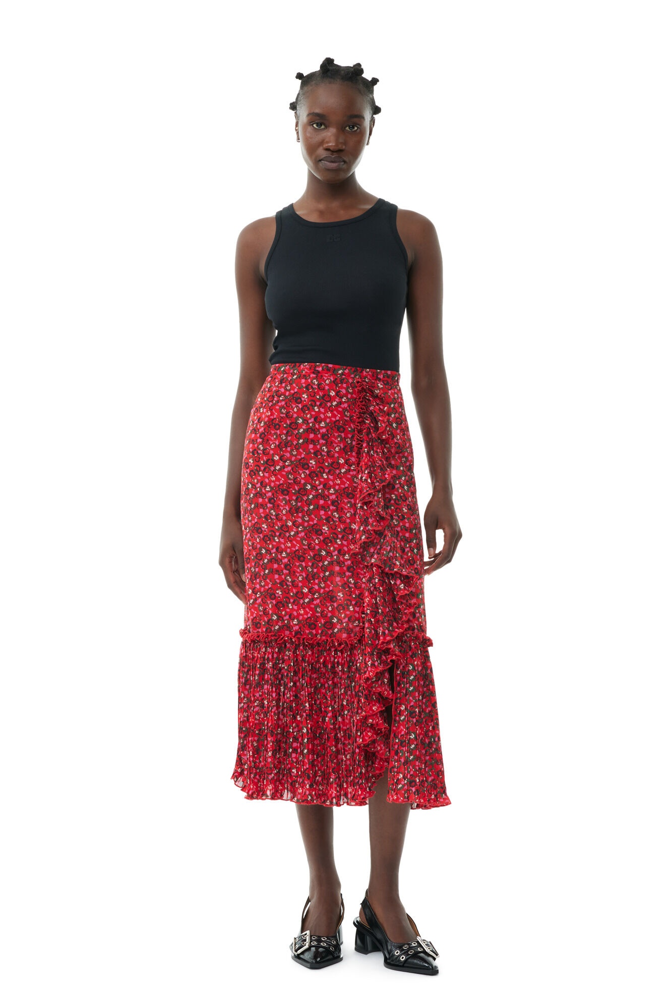 RED PLEATED GEORGETTE FLOUNCE MIDI SKIRT - 2