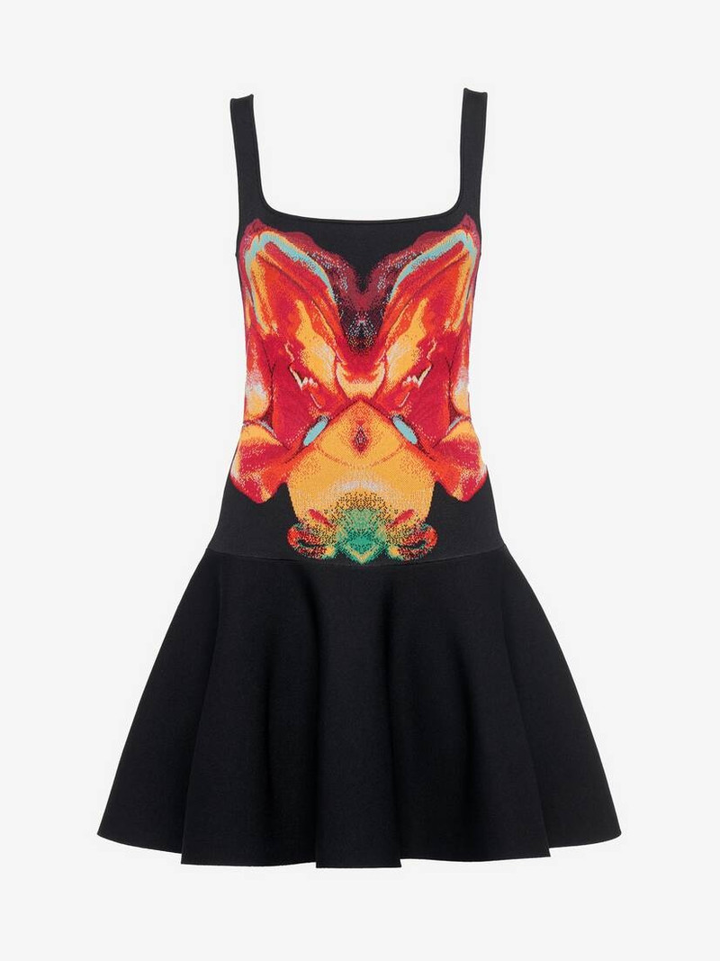 Women's Solarised Orchid Jacquard Mini Dress in Black/red/yellow - 1