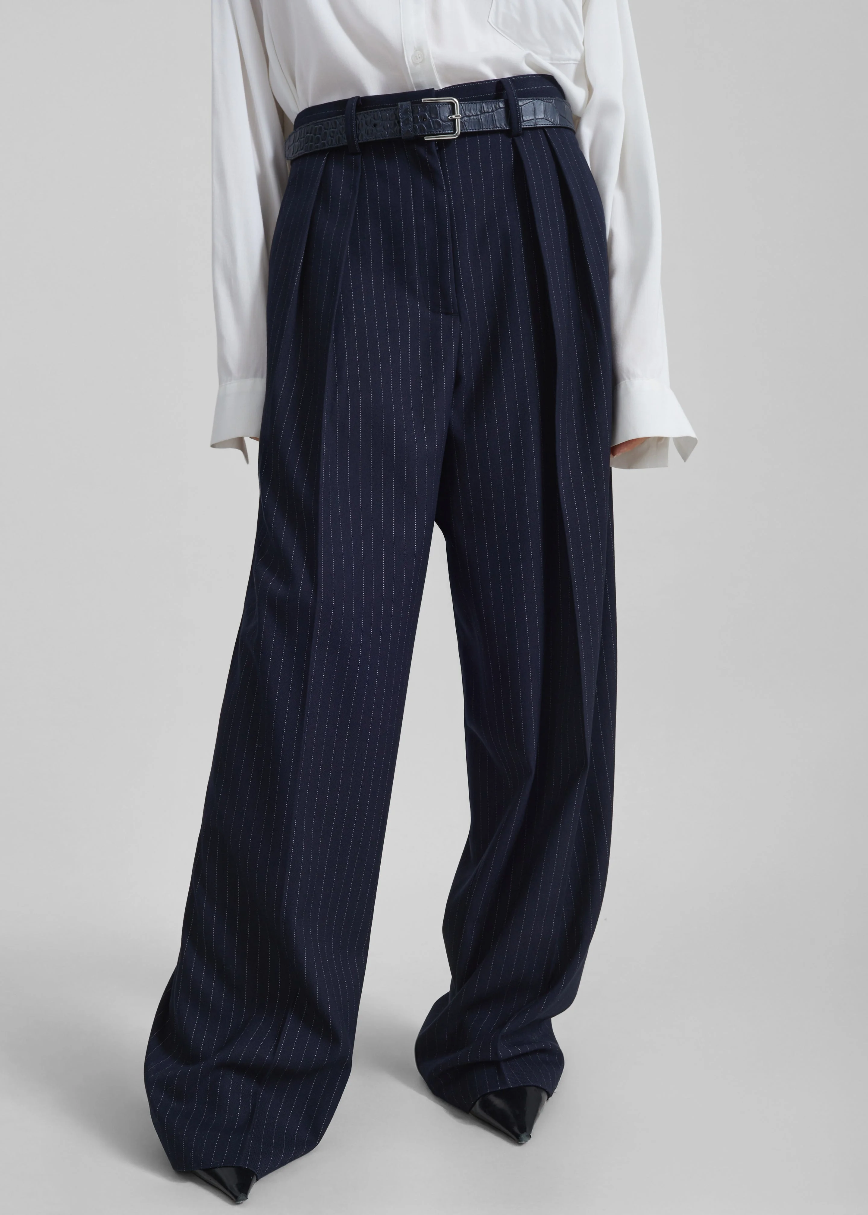 Tansy Pleated Trousers - Navy Pinstripe - 1