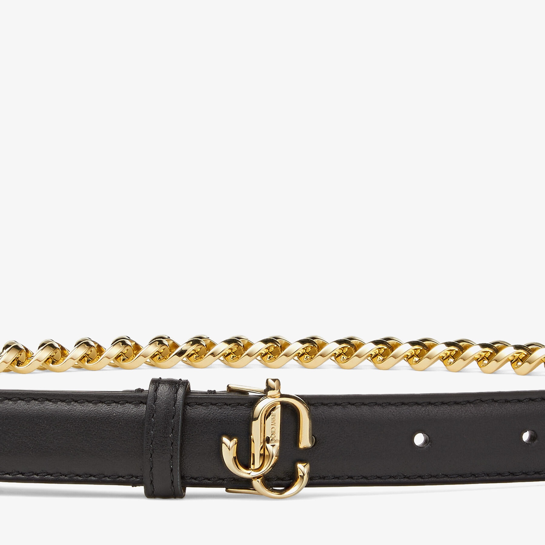 JC Chain
Black Soft Shiny Calf Leather and Chain Belt with Light Gold JC Emblem - 2