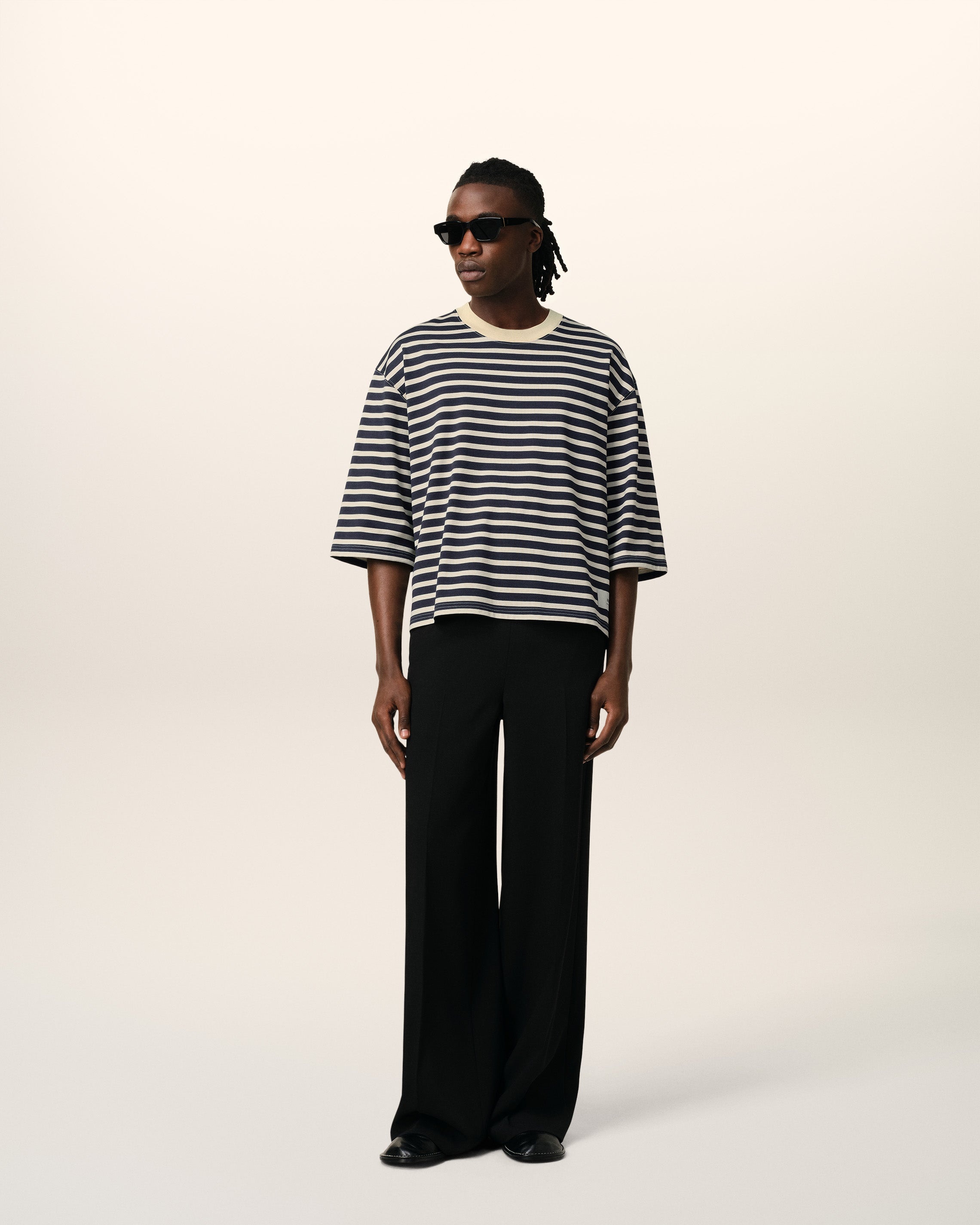 NAVY RECYCLED COTTON LOOSE STRIPED T-SHIRT - 2