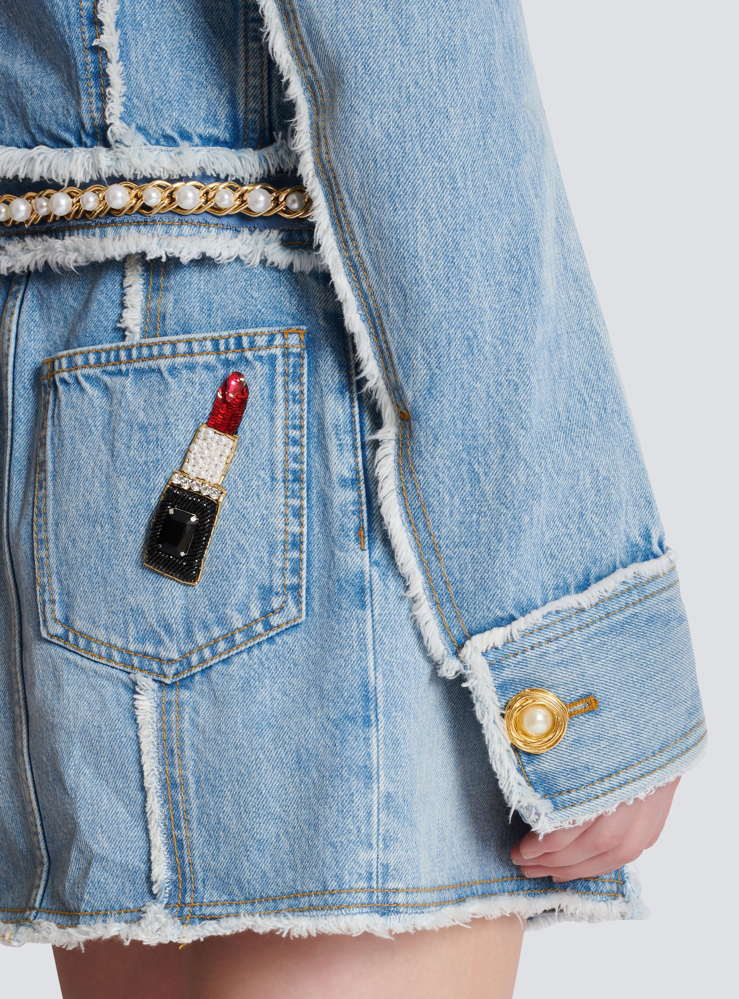 Denim jacket with pearl trim - 6
