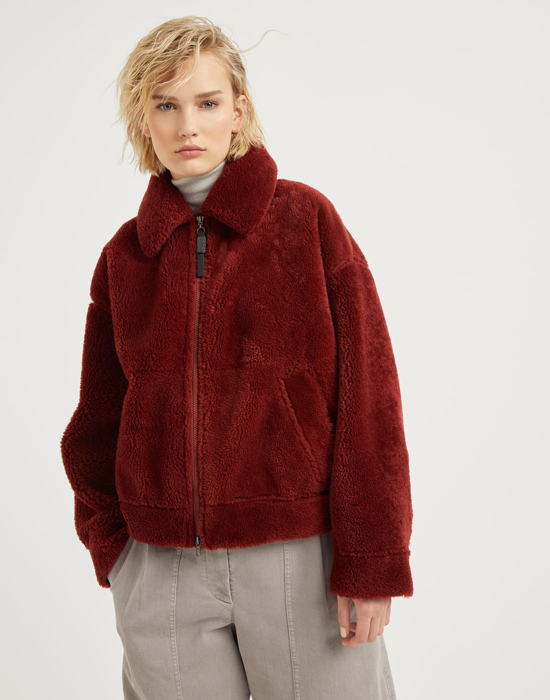 Curly shearling outerwear jacket with shiny zipper pull - 1
