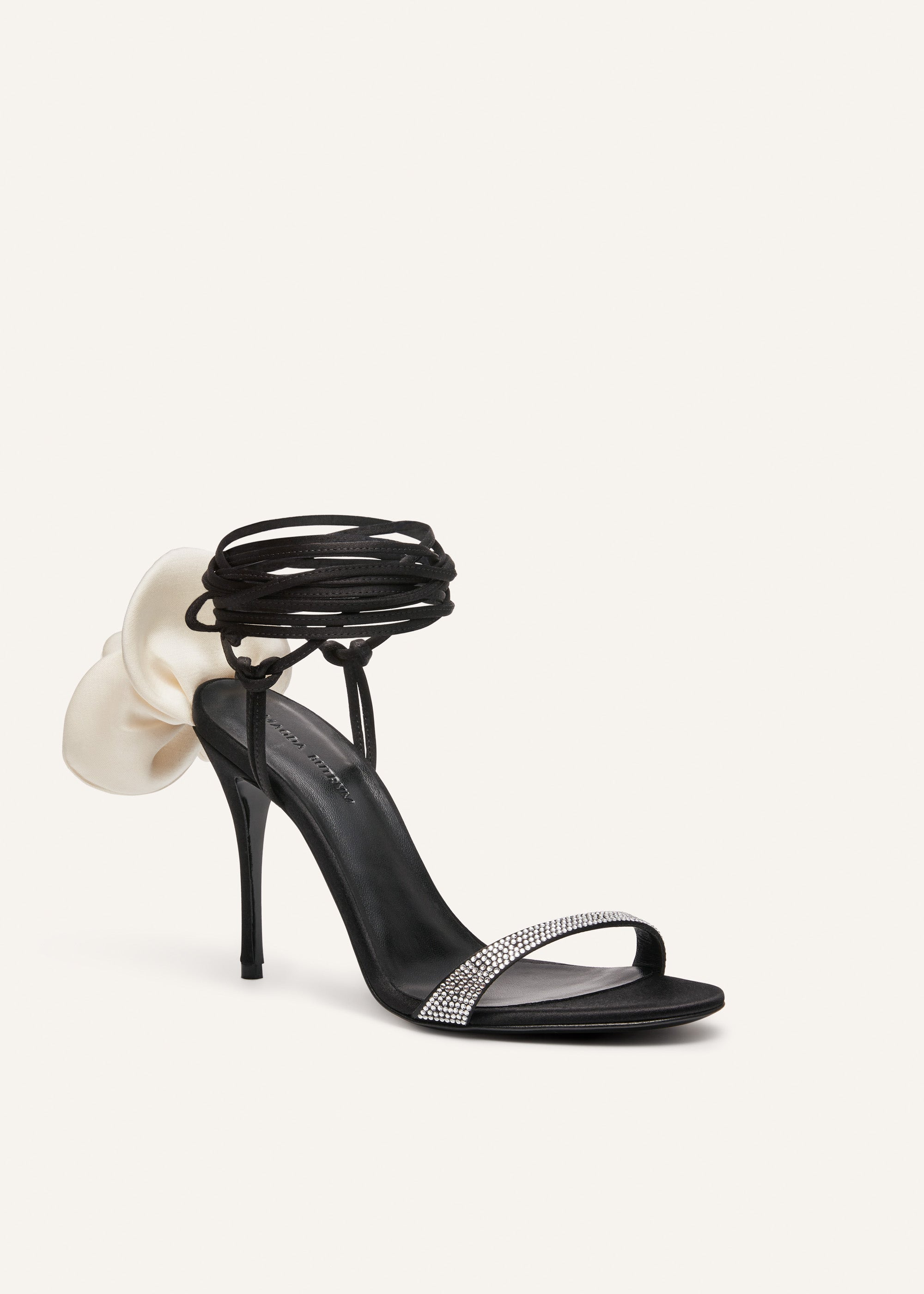 Ivory flower wrap around black satin heeI sandals with strass - 2