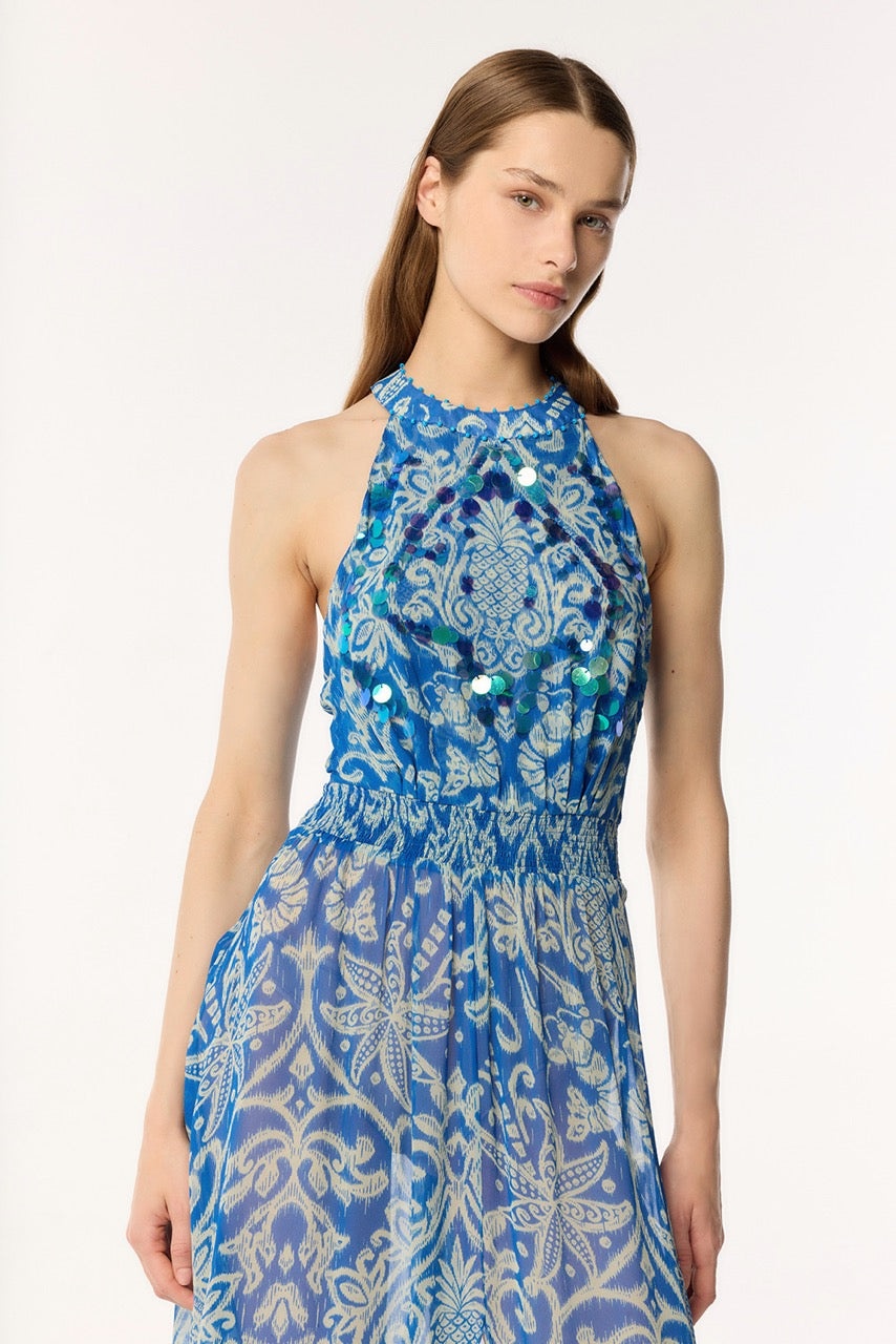 Poupette St Barth Long Dress Clea - Turquoise Macro Ikat