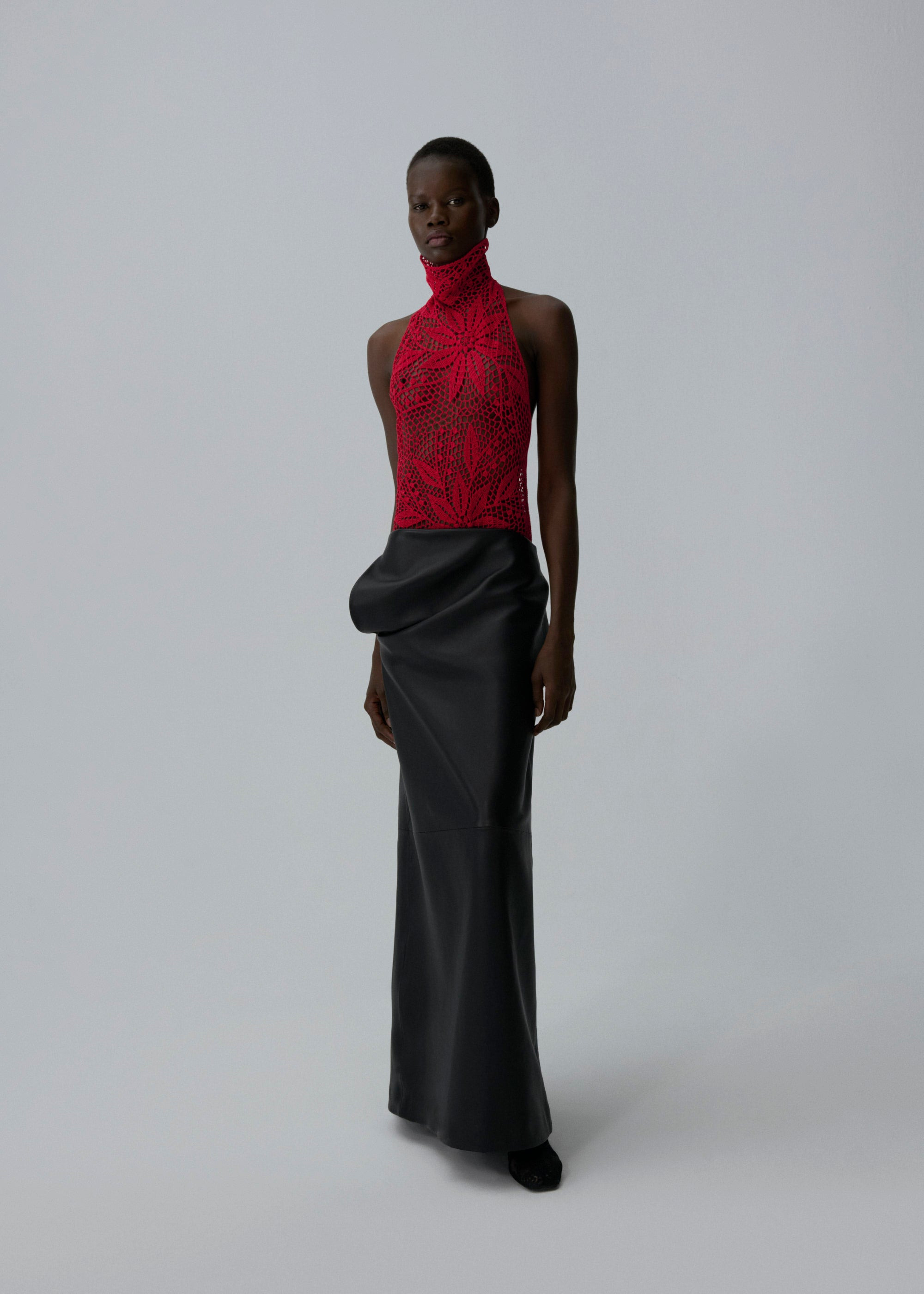Lace crochet high neck blouse in red - 3