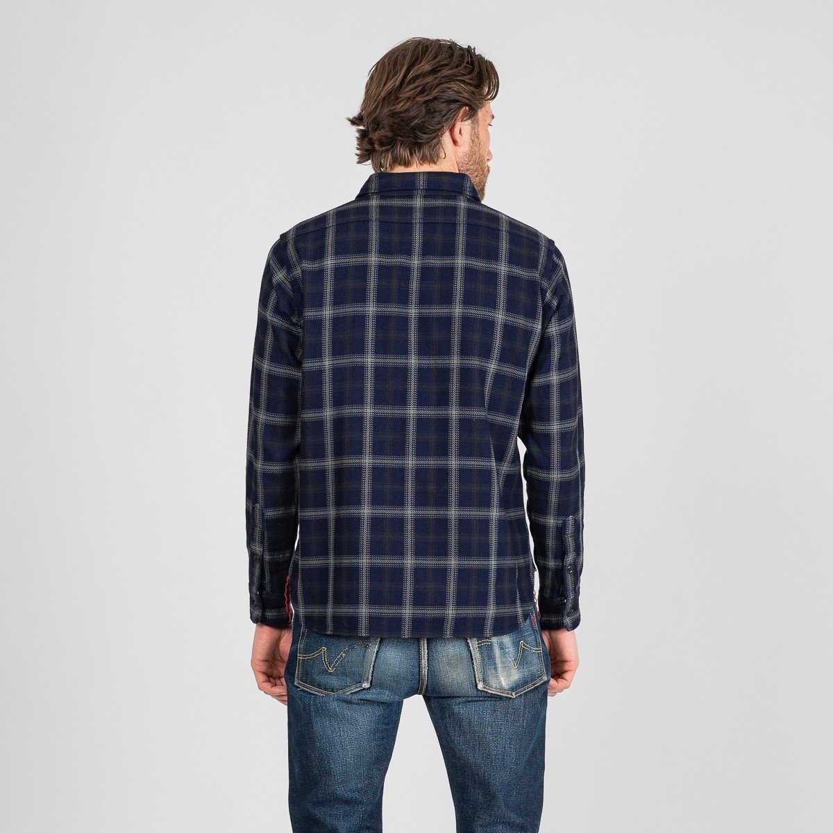 IHSH-412-BLK 9oz Selvedge Indigo Check Flannel Work Shirt - Black - 3