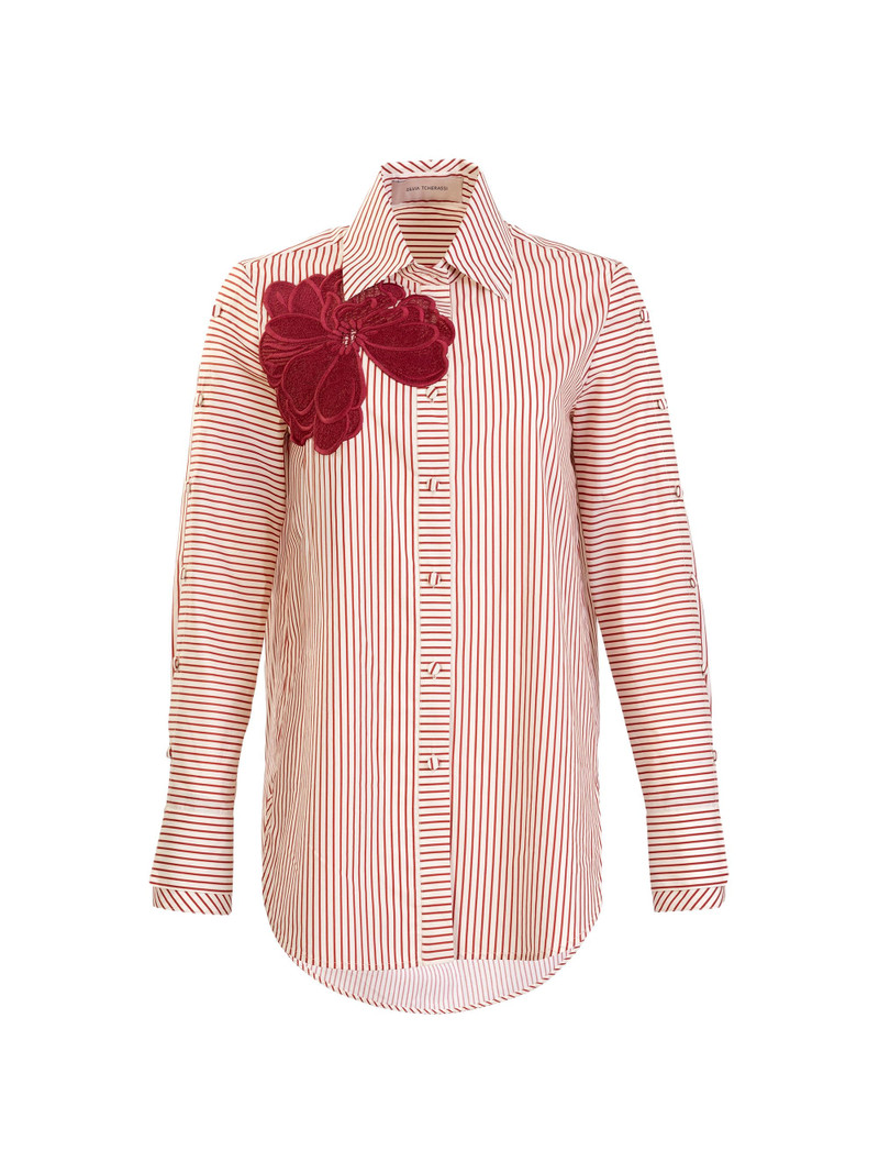 Women's Pinstripe Floral Appliqué Cotton Blouse - Cranberry Stripes 1