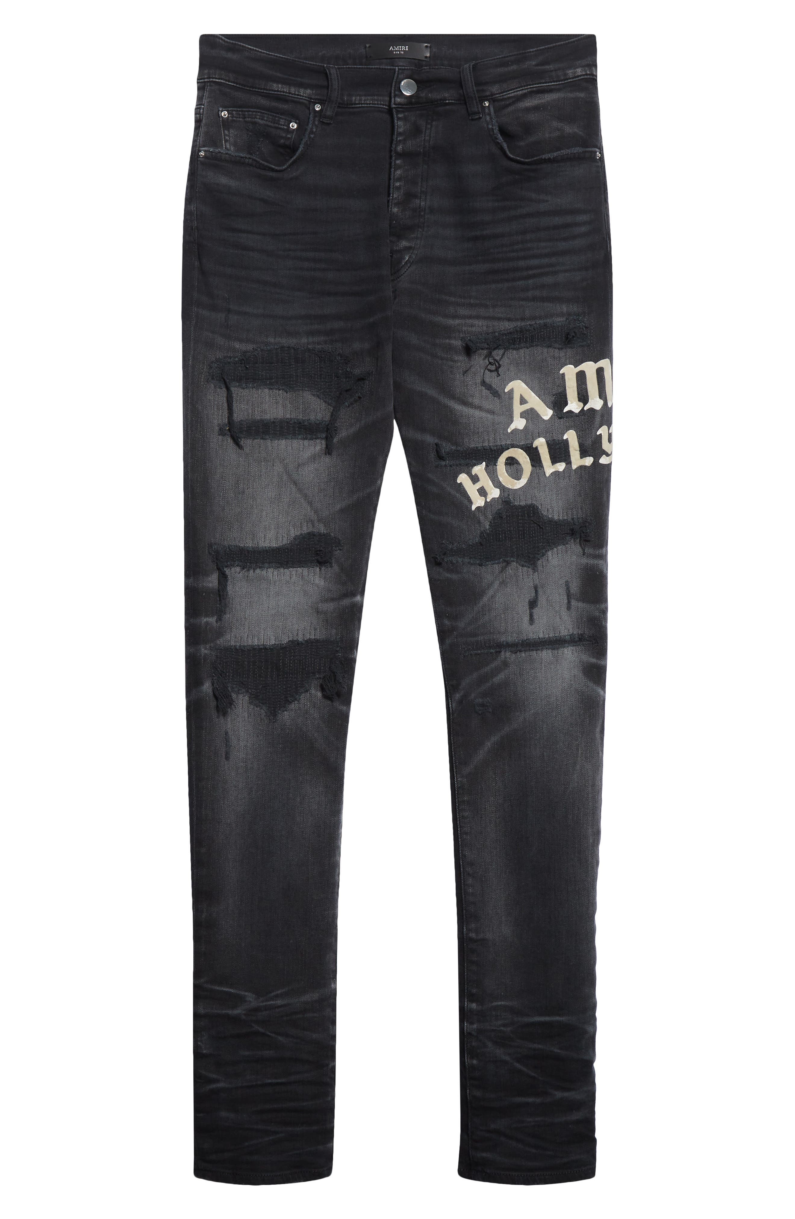 AMIRI Hollywood Appliqué Rip & Repair Slim Fit Jeans in Faded Black at Nordstrom - 6