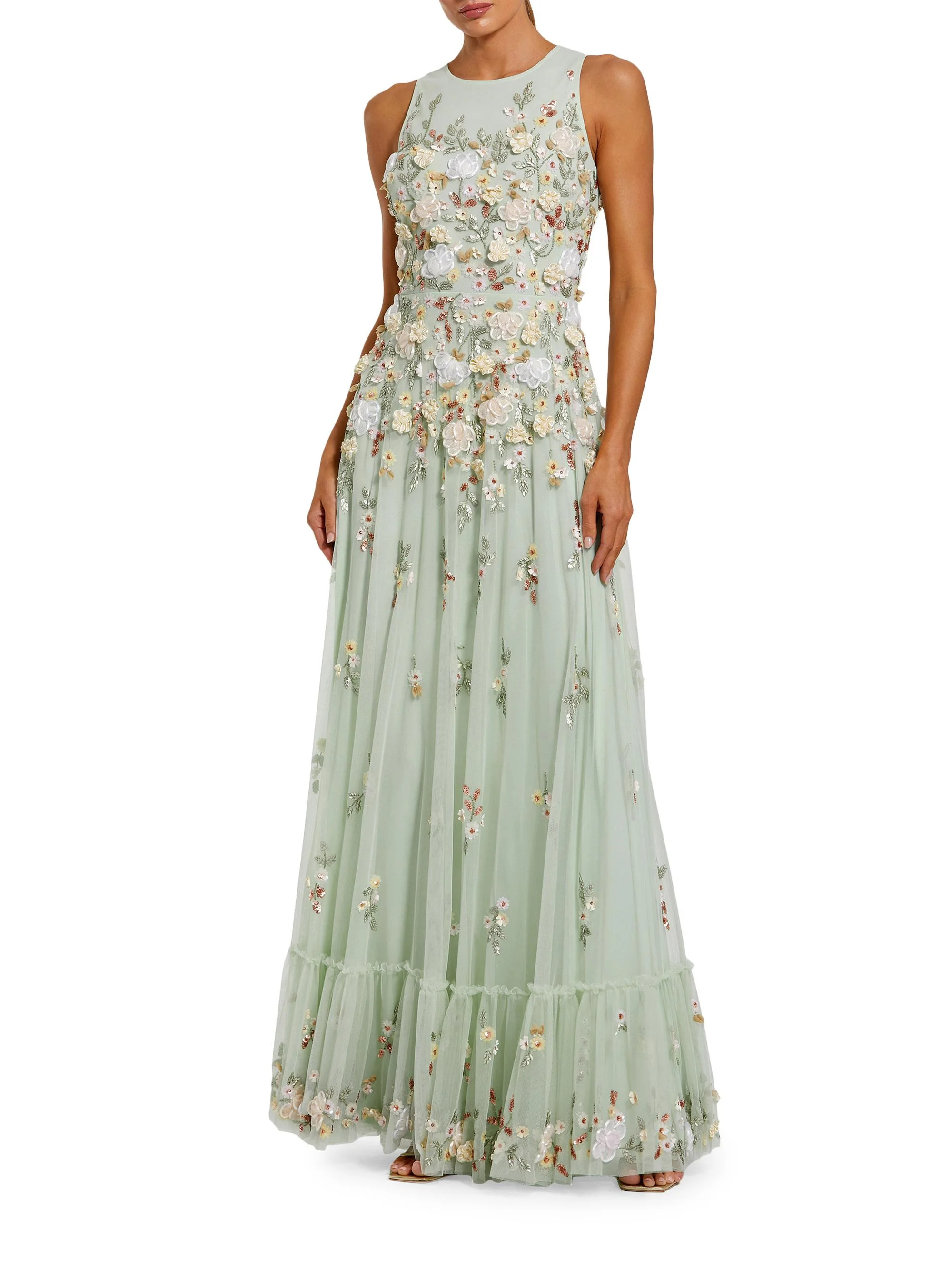 Women's Evening Floral Embroidered Sleeveless Mesh Gown - Sage - 1